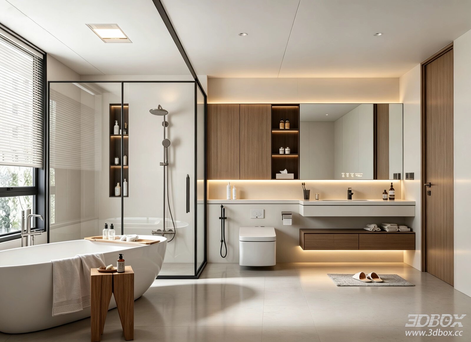 Modern Minimalist Bathroom Scene With Bathtub And Shower 3D model - front view