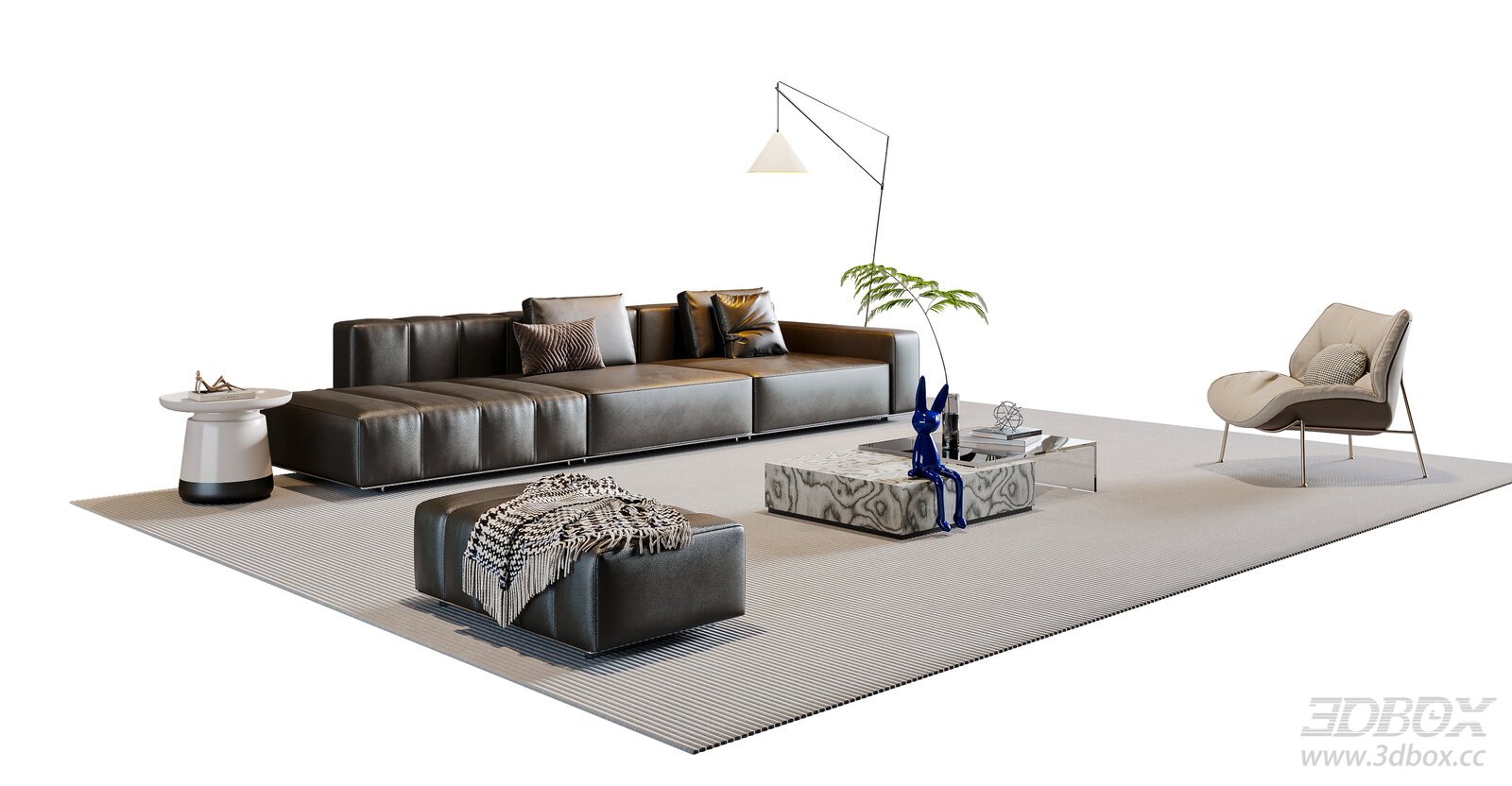 Modern Italian Style Leather Sofa Set with Coffee Table and Armchair 3D model - front view