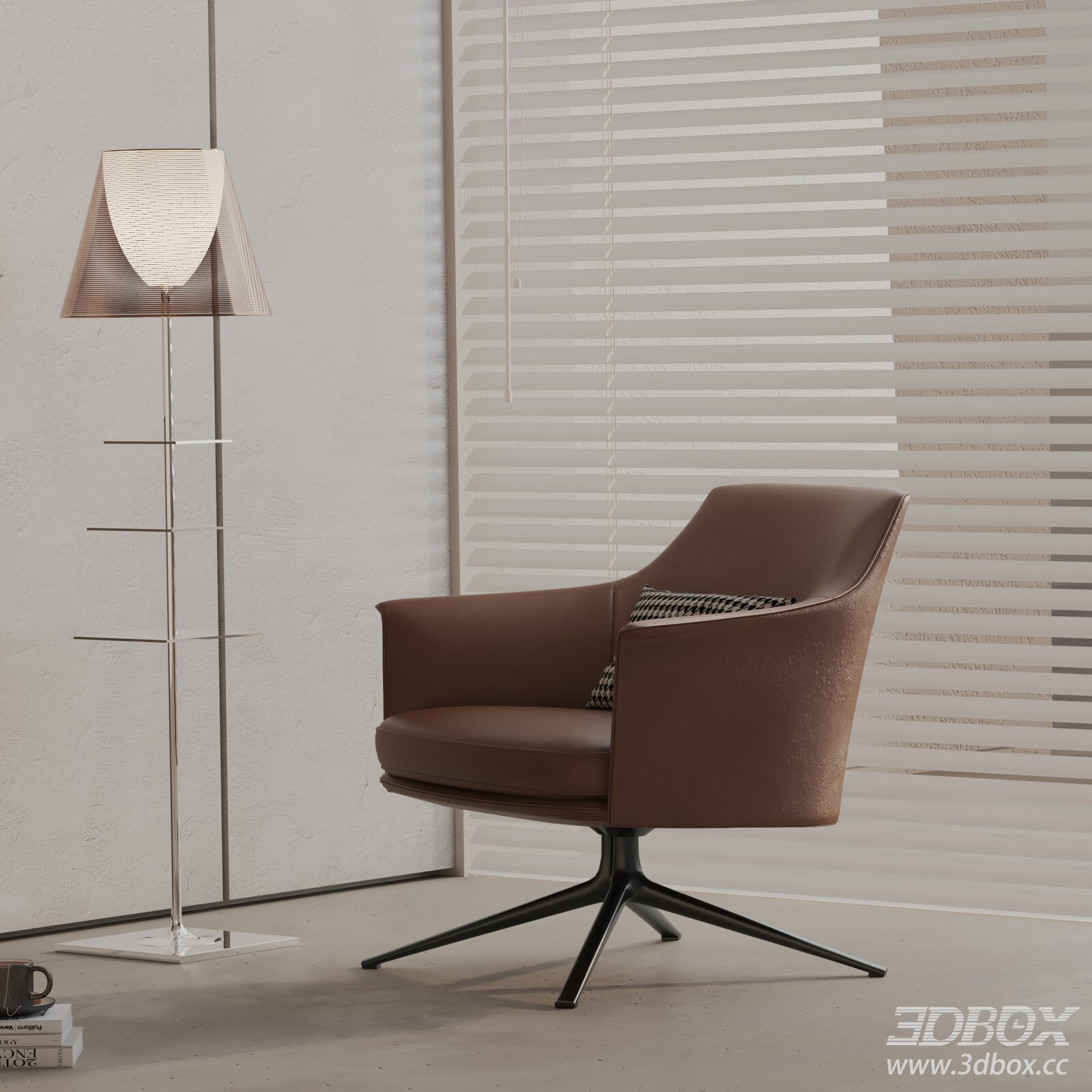 Modern Brown Leather Swivel Armchair 3D model - thumbnail 1