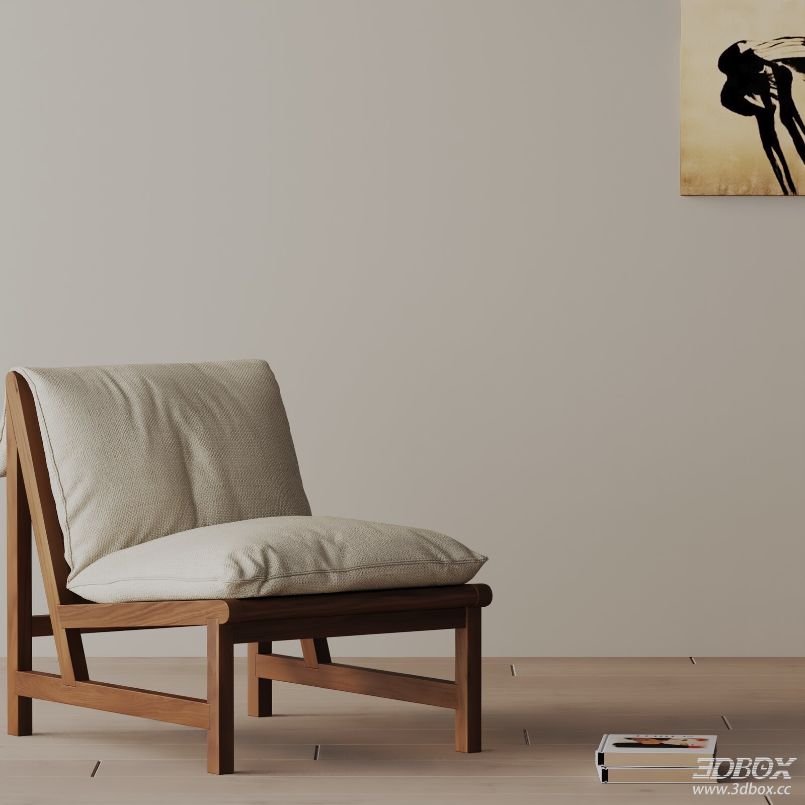 Modern Minimalist Wooden Frame Fabric Armchair 3D model - front view