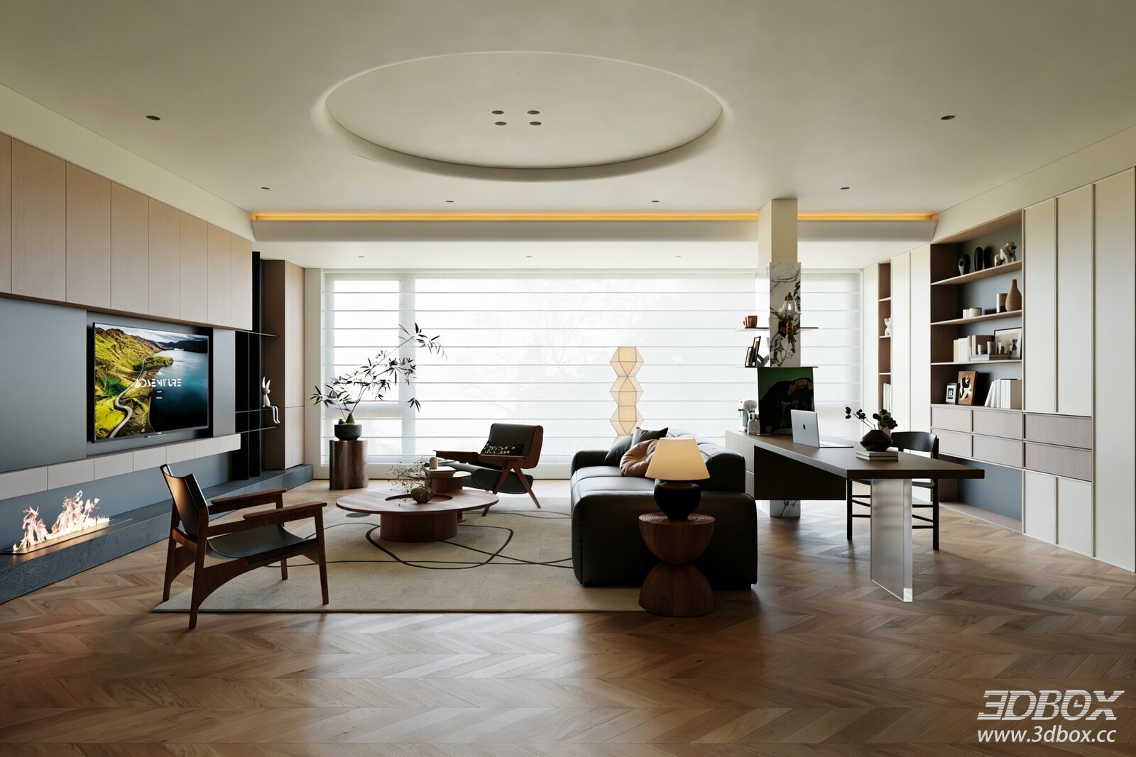 Mid-Century Modern Open Living Room Interior 3D model - front view