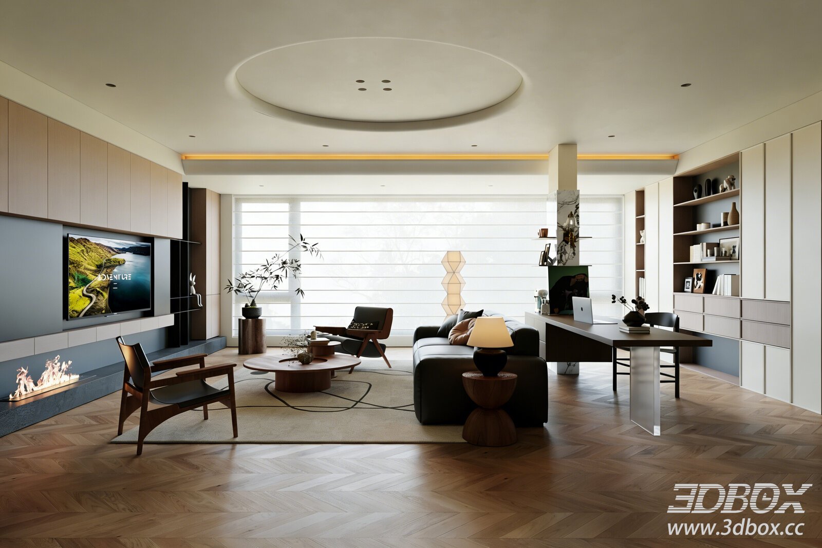 Mid-Century Modern Open Living Room Interior 3D model - thumbnail 1