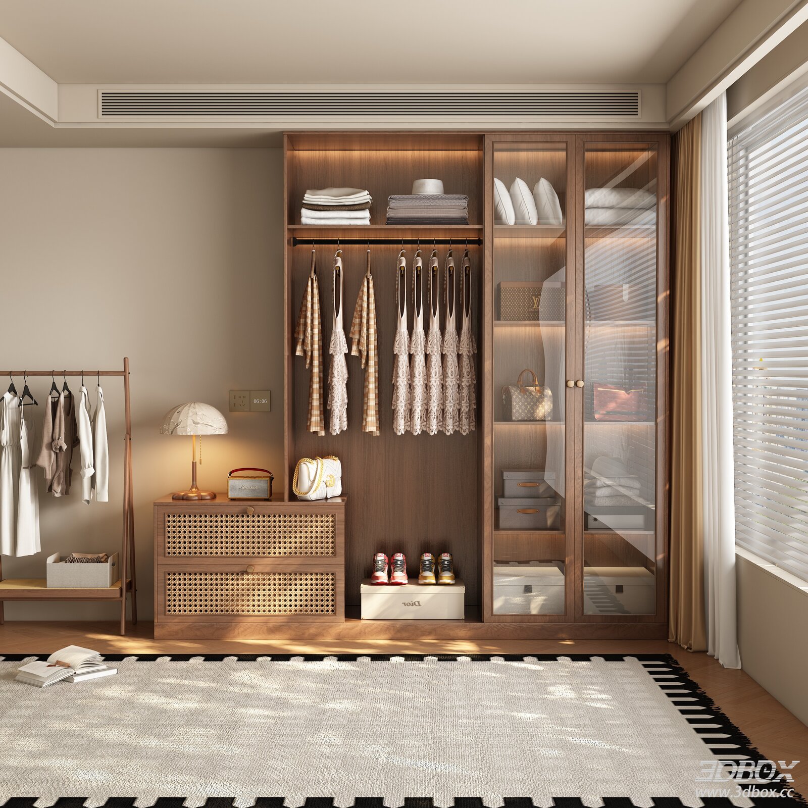 Mid Century Wabi Sabi Wooden Wardrobe with Glass Door 3D model - front view