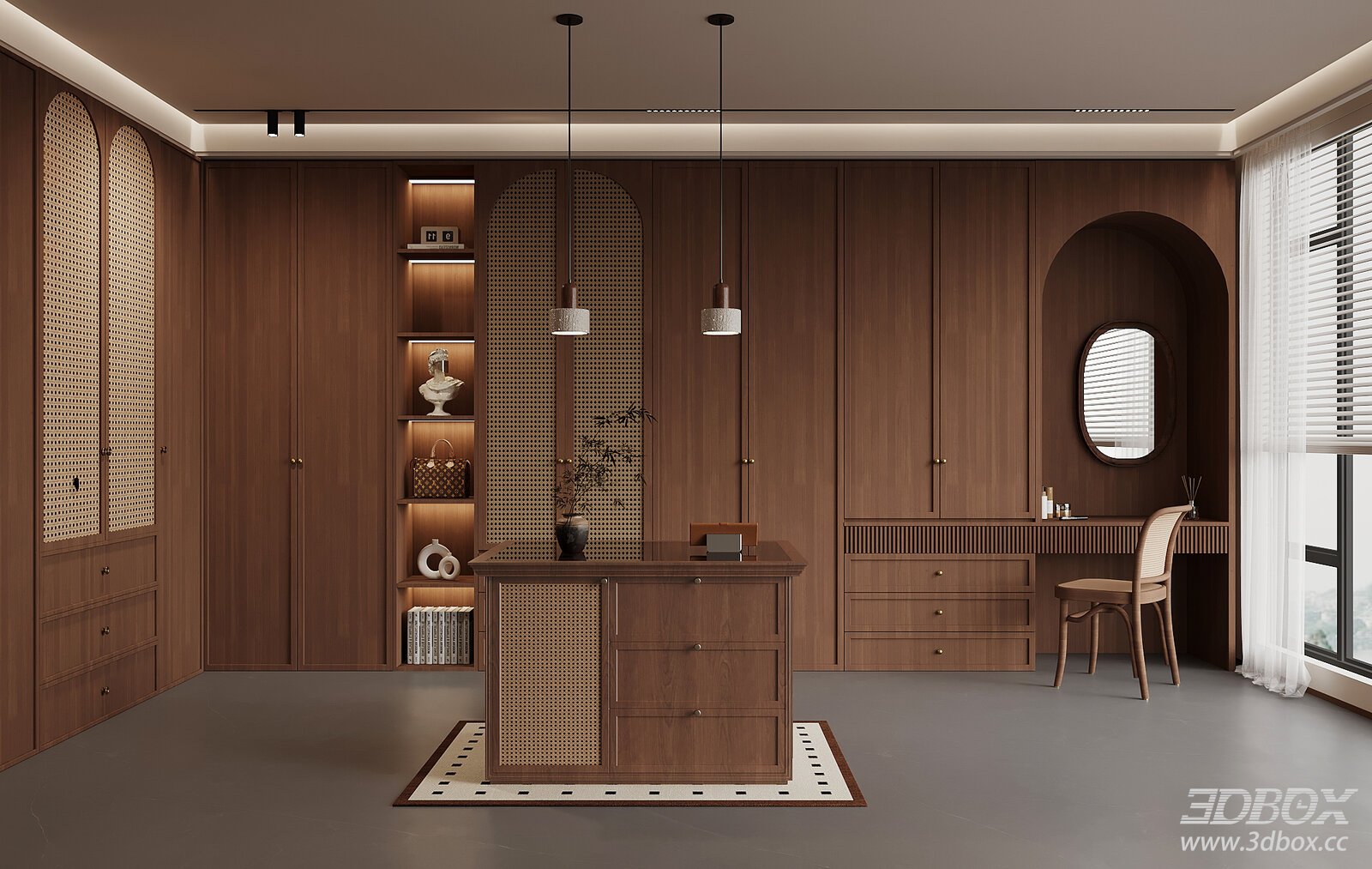Mid Century Modern Dressing Room with Wooden Wardrobe 3D model - front view