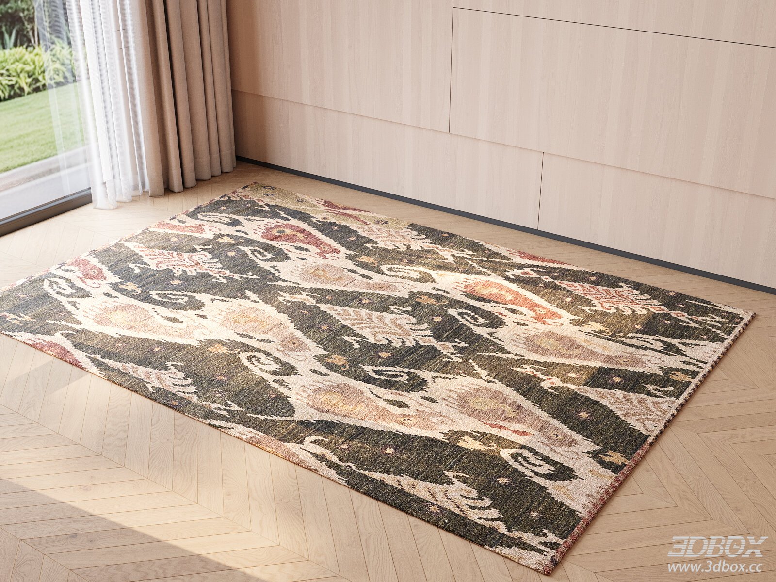 Vintage Ikat Pattern Wool Area Rug 3D model - thumbnail 1
