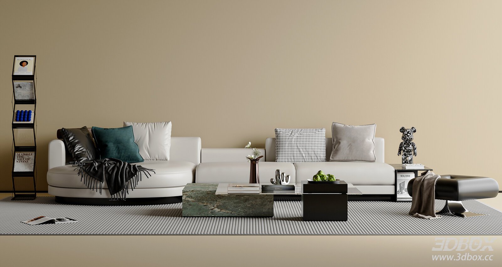 Modern Minimalist Living Room Sofa Coffee Table Lounge Chair Set 3D model - front view