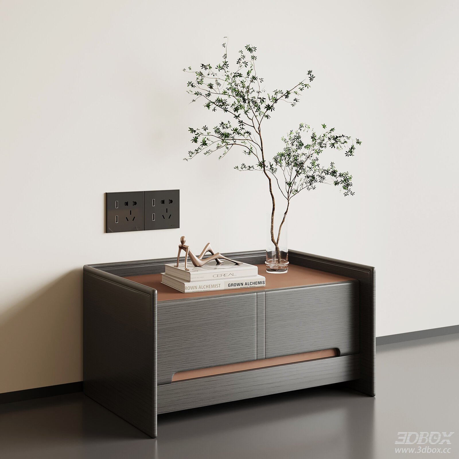 Modern Italian Style Wooden Leather Top Nightstand Side Table 3D model - front view