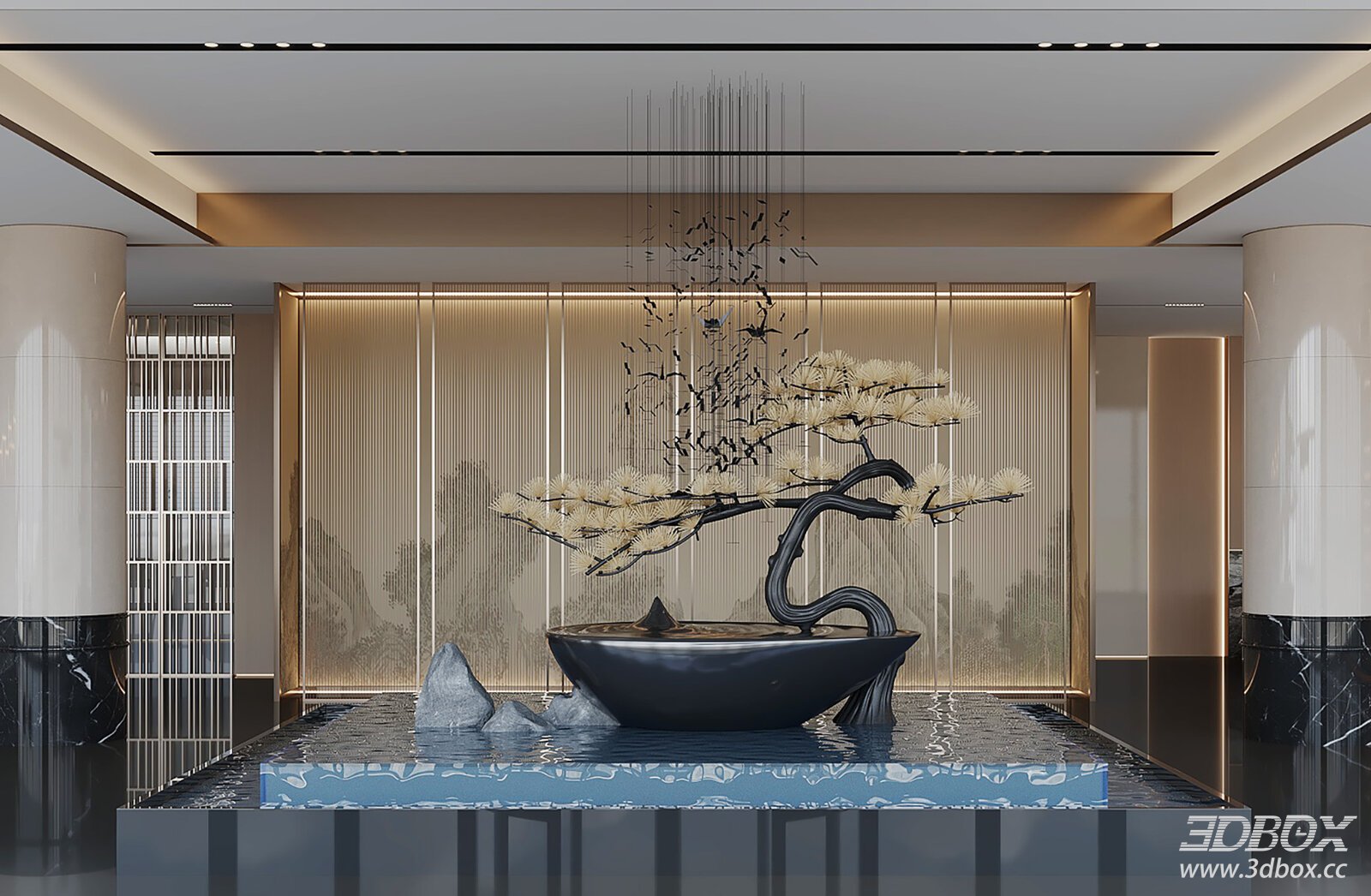 New Chinese Style Pine Sculpture Lobby Decor Installation 3D model - front view