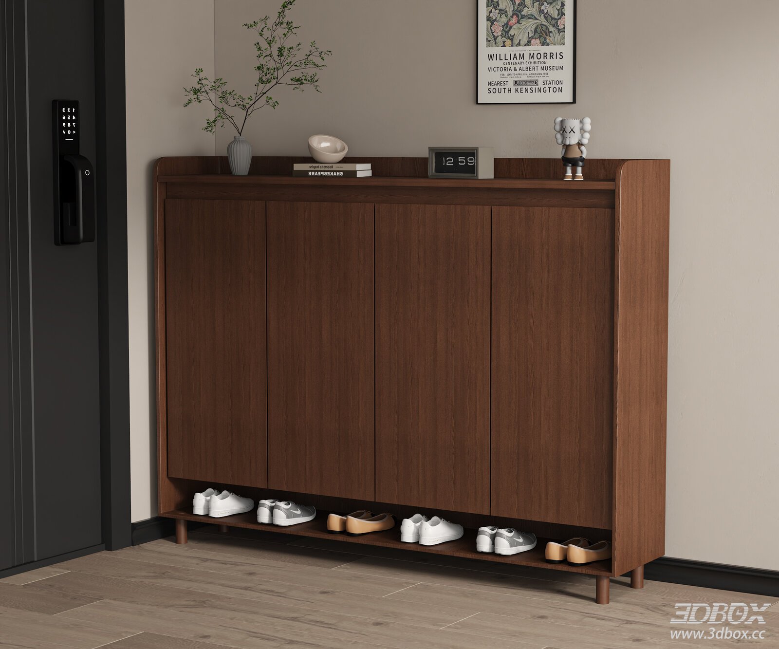 Vintage Wabi Sabi Wooden Hallway Shoe Cabinet 3D model - front view