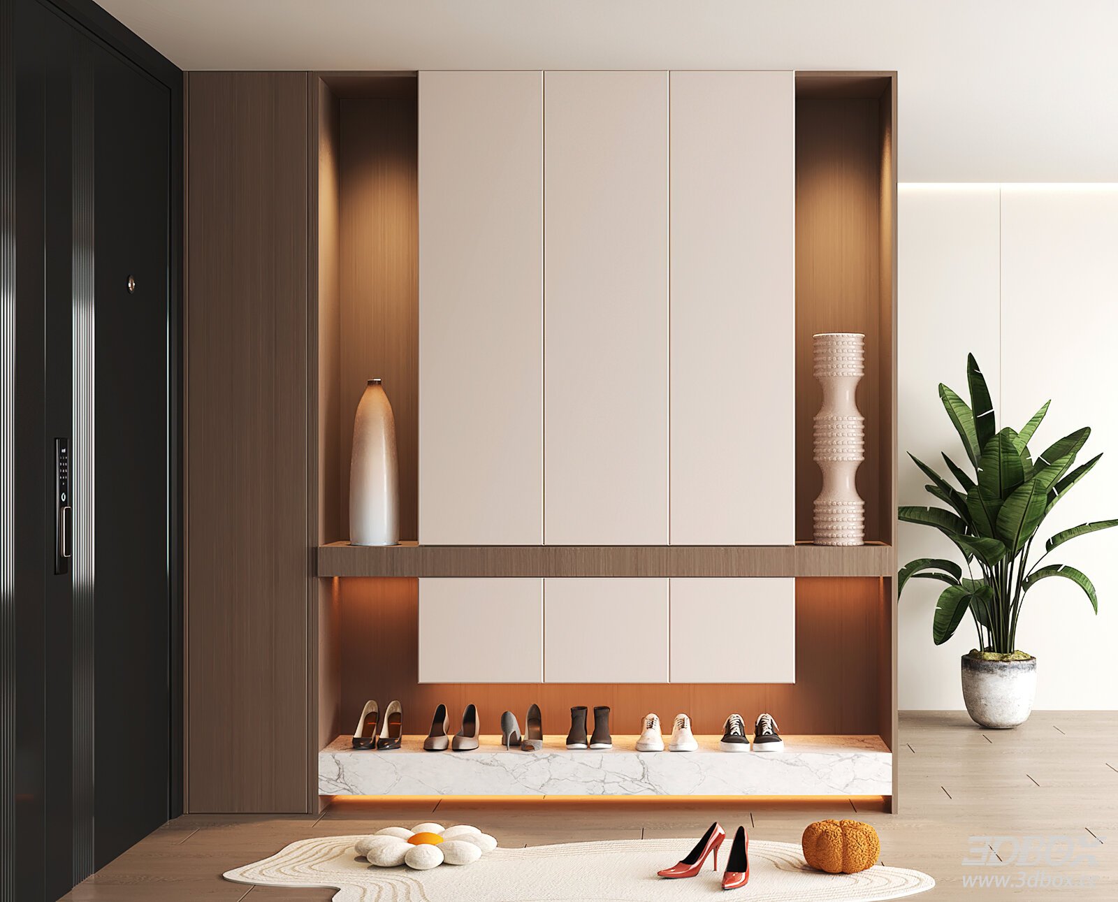 Modern Built-in Hallway Shoe Cabinet with Decorations 3D model - front view