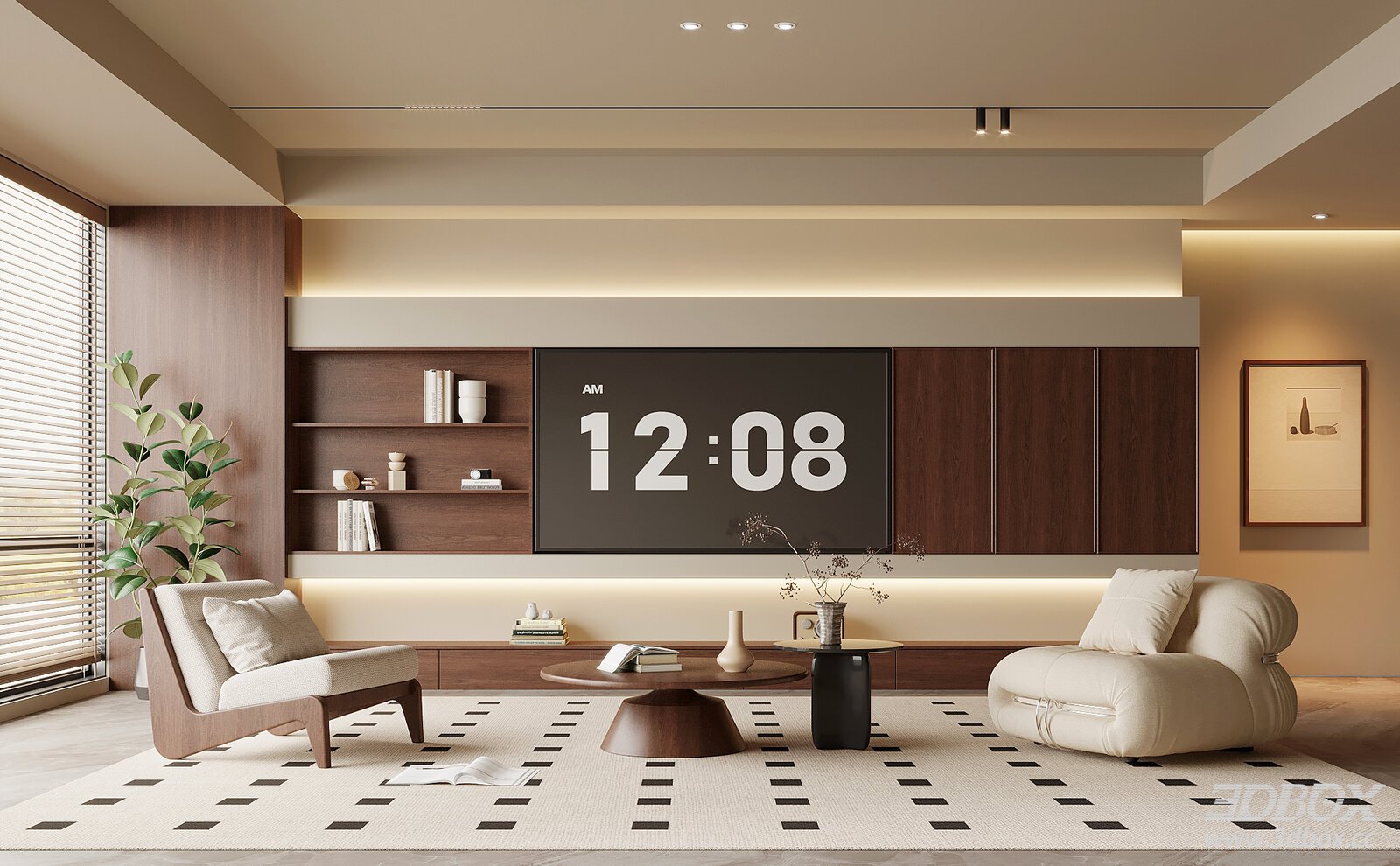 Mid-century Modern Living Room with TV Wall and Sofa Set 3D model - front view