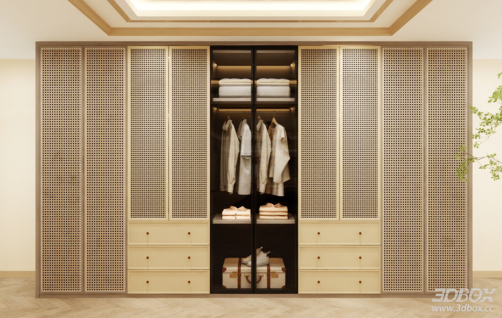 Modern Rattan Door Wardrobe with Glass Display and Drawers 3D model - front view