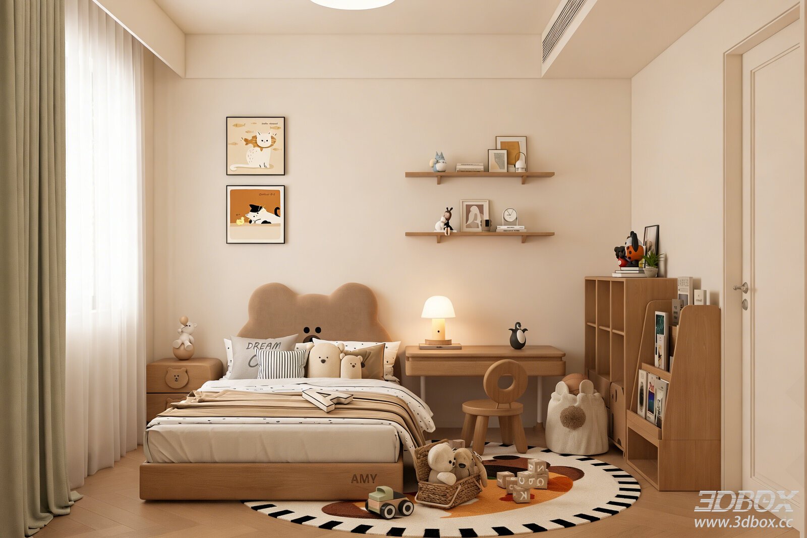 Nordic Cream Style Kids Bedroom with Wooden Furniture 3D model - front view