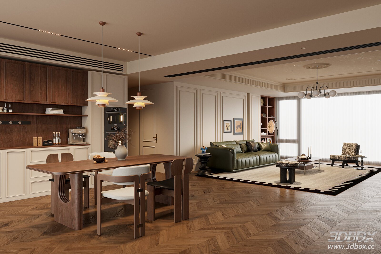 French Vintage Mid-Century Living and Dining Room Interior 3D model - front view