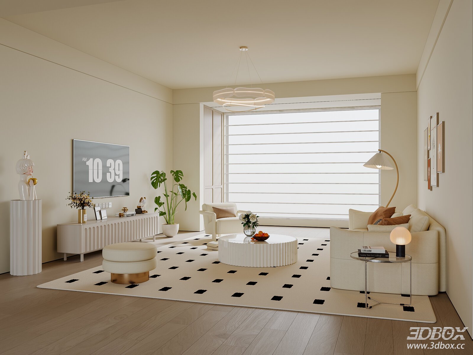 Modern Cream Style Living Room with Sofa and Furniture Set 3D model - front view