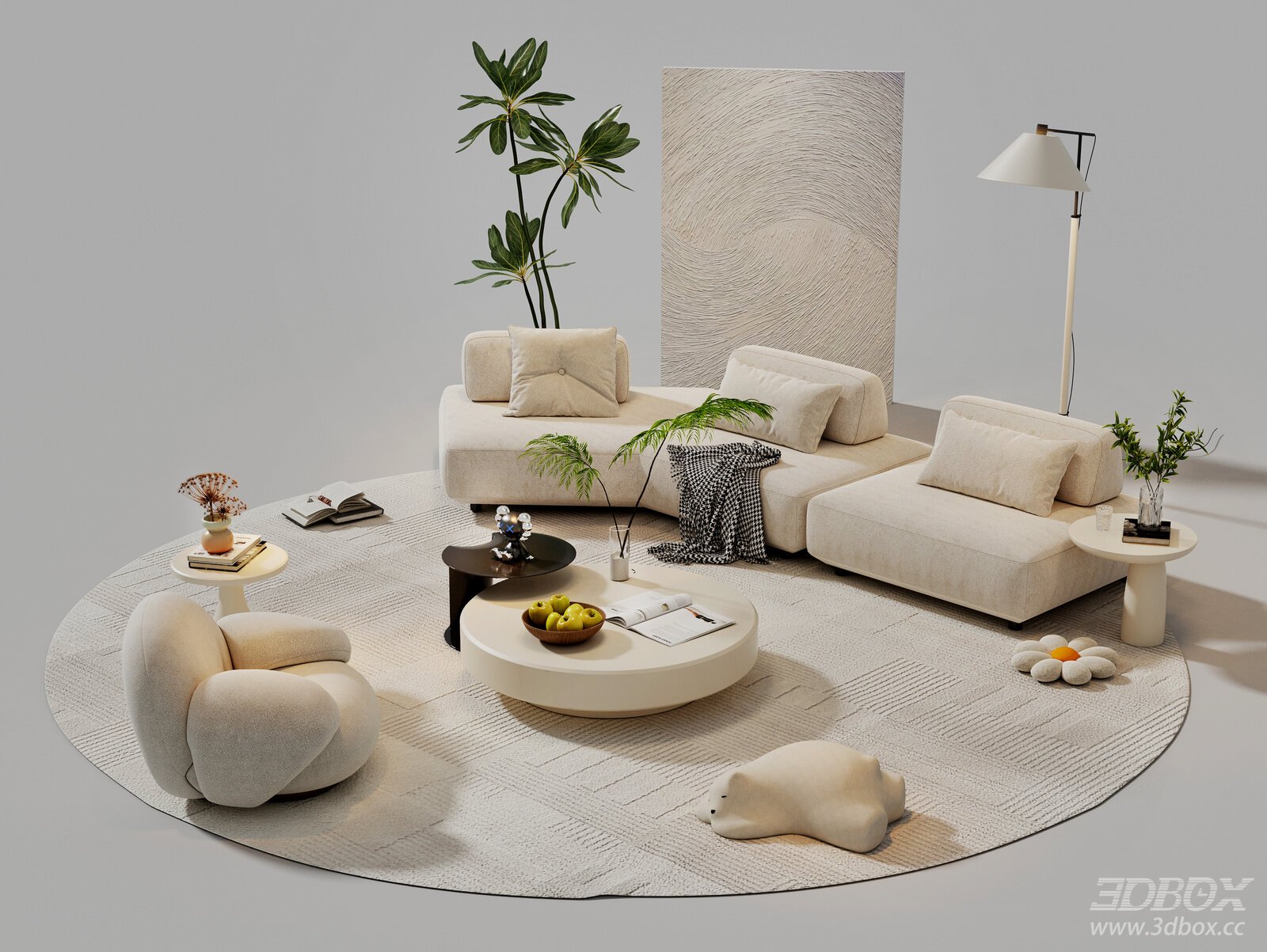 Modern Cream Curved Sofa Set with Coffee Table and Floor Lamp 3D model - front view