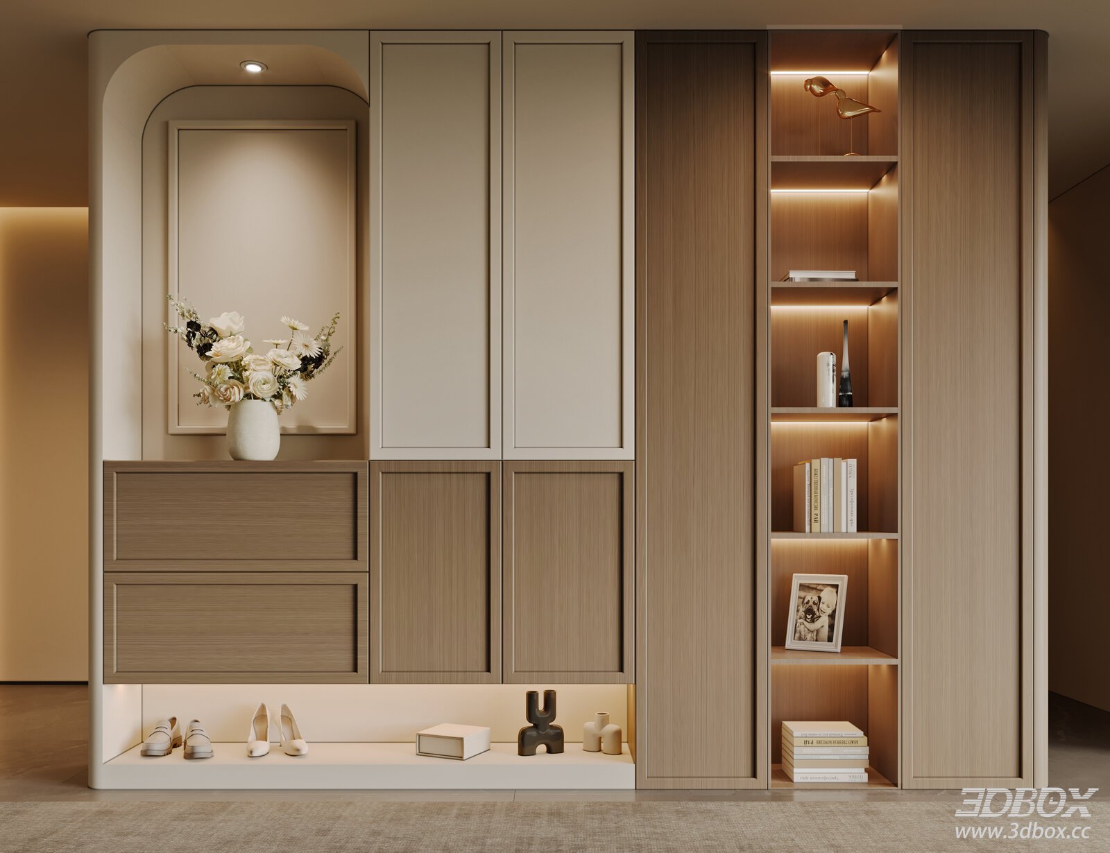 Modern Minimalist Hallway Shoe Cabinet with Built-in Shelves 3D model - front view