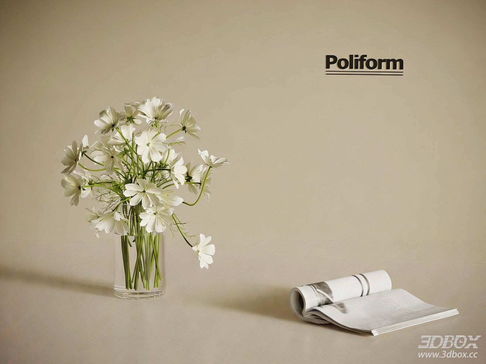 Modern White Flower Bouquet Vase Decor Set with Magazine 3D model - front view