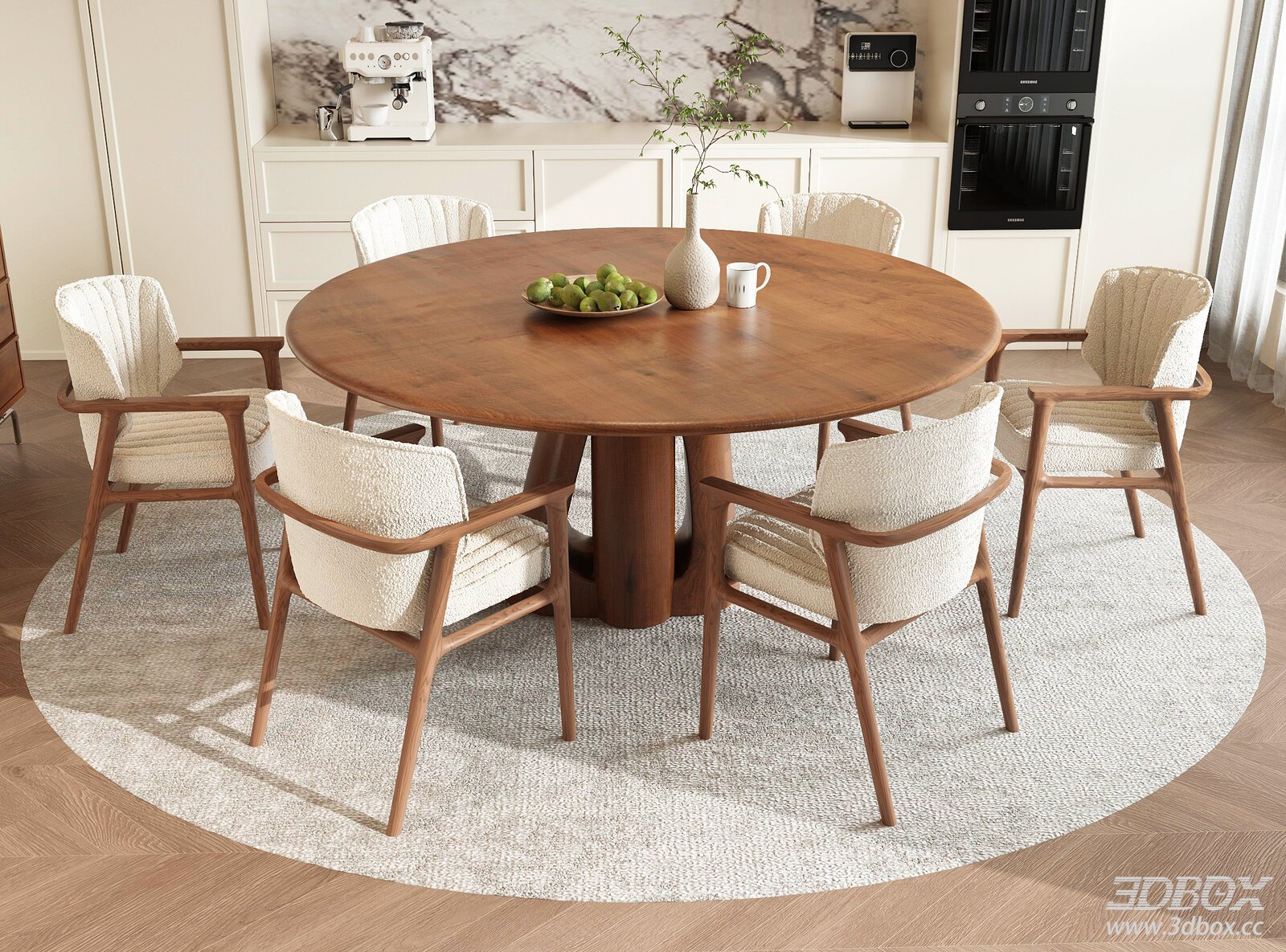 Wabi Sabi Round Wooden Dining Table and Fabric Chairs Set 3D model - front view
