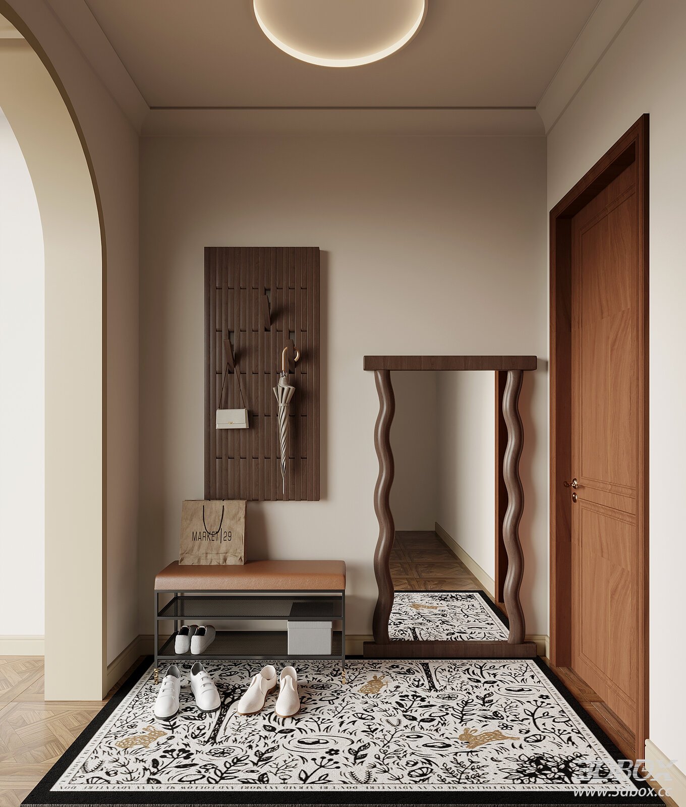 Mid Century Modern Entryway Hallway Scene with Shoe Bench and Full Mirror 3D model - front view