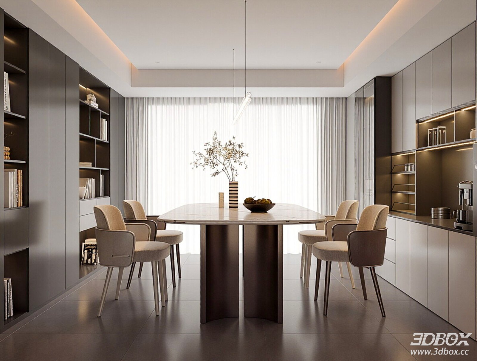 Modern Italian Style Minimalist Dining Room Interior 3D model - front view