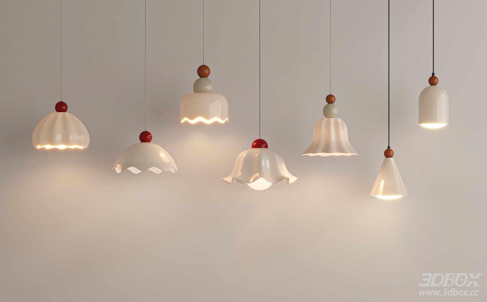 French Cream Style Pendant Ceiling Lamp Set 3D model - front view