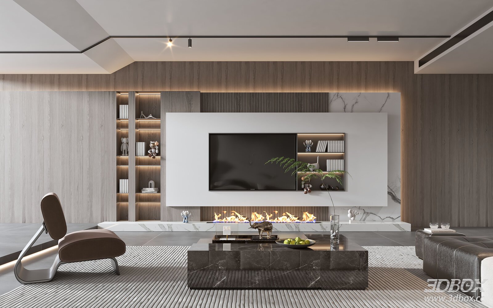 Modern Minimalist Luxury Living Room with TV Wall and Fireplace 3D model - front view