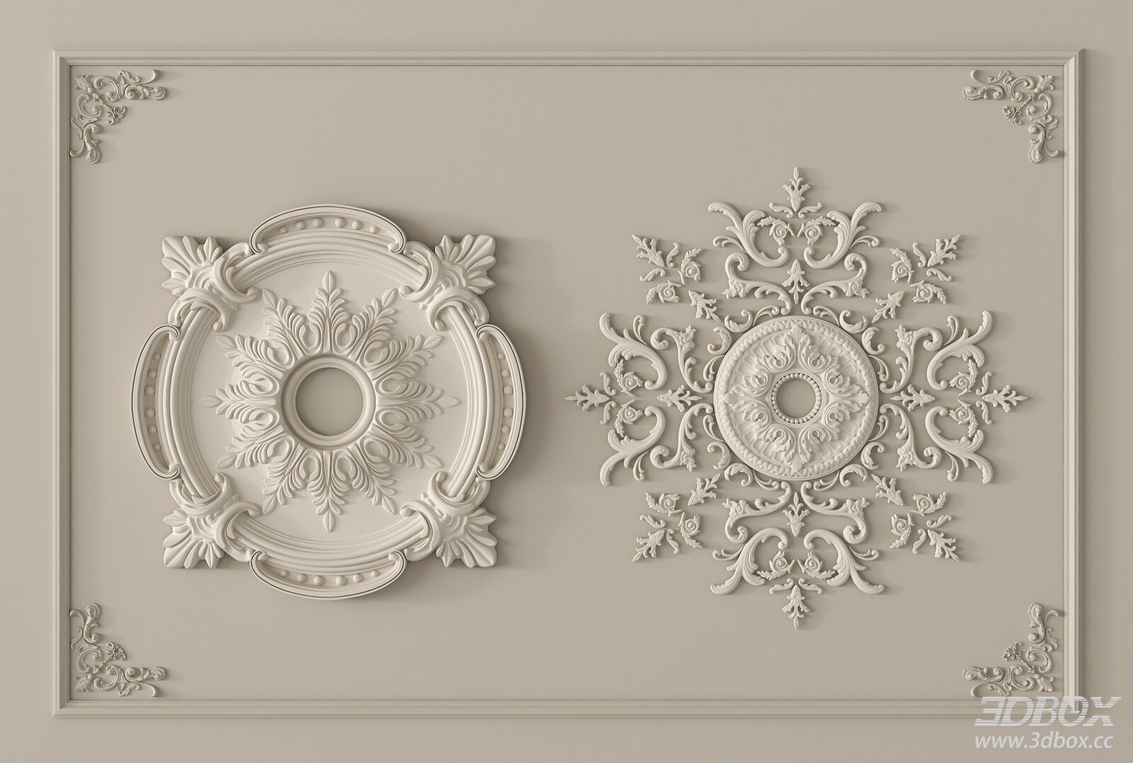 French Style Carved Gypsum Ceiling Medallion Decorative Plaster Set 3D model - front view