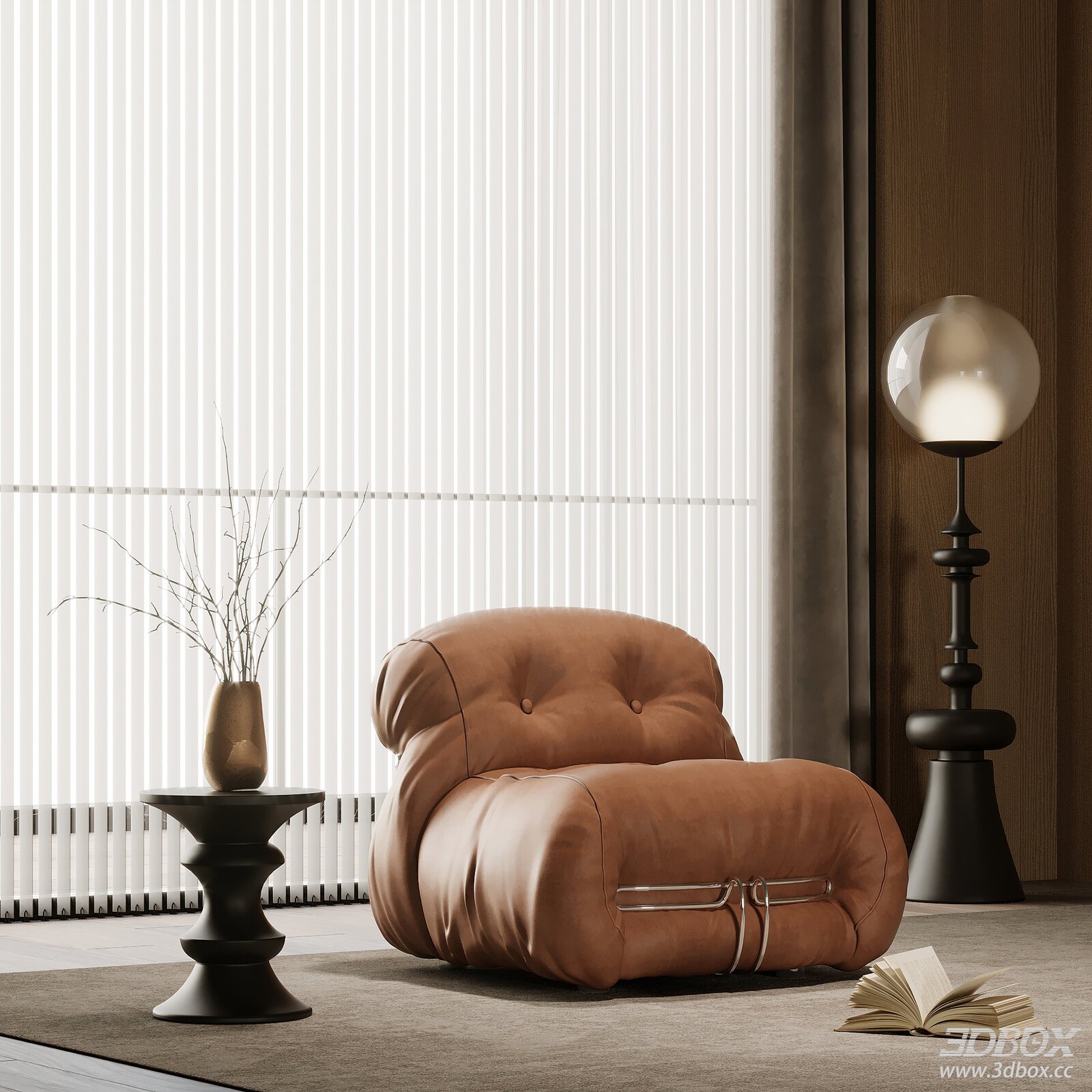 Vintage Leather Single Sofa with Side Table and Floor Lamp 3D model - front view