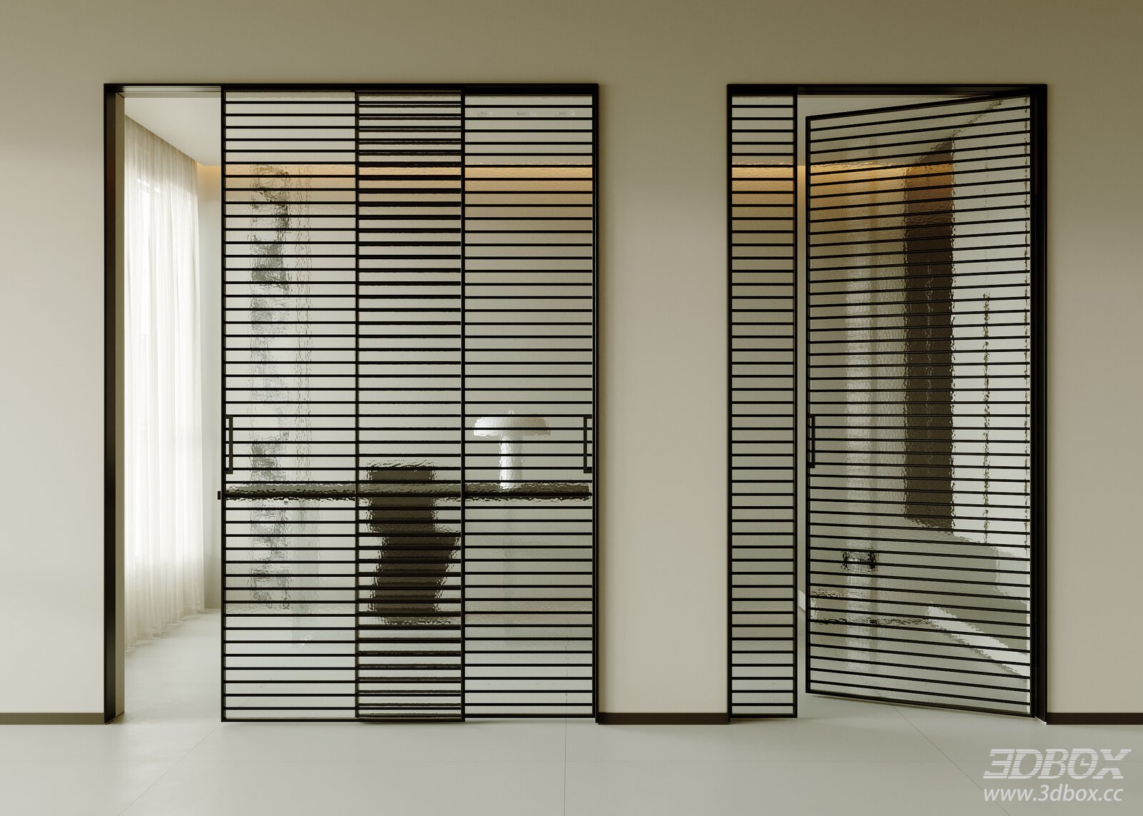 Modern Minimalist Fluted Glass Metal Frame Sliding Partition Door 3D model - front view