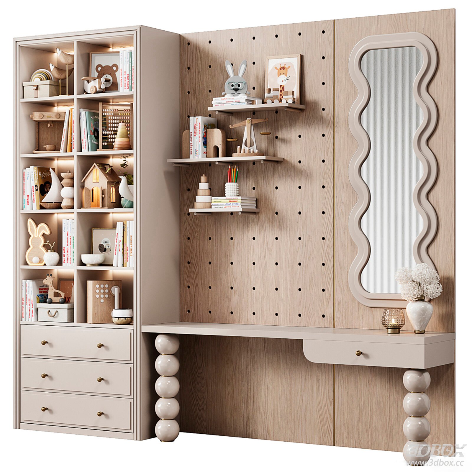 Modern Kids Sideboard Desk Bookshelf with Pegboard Mirror 3D model - front view