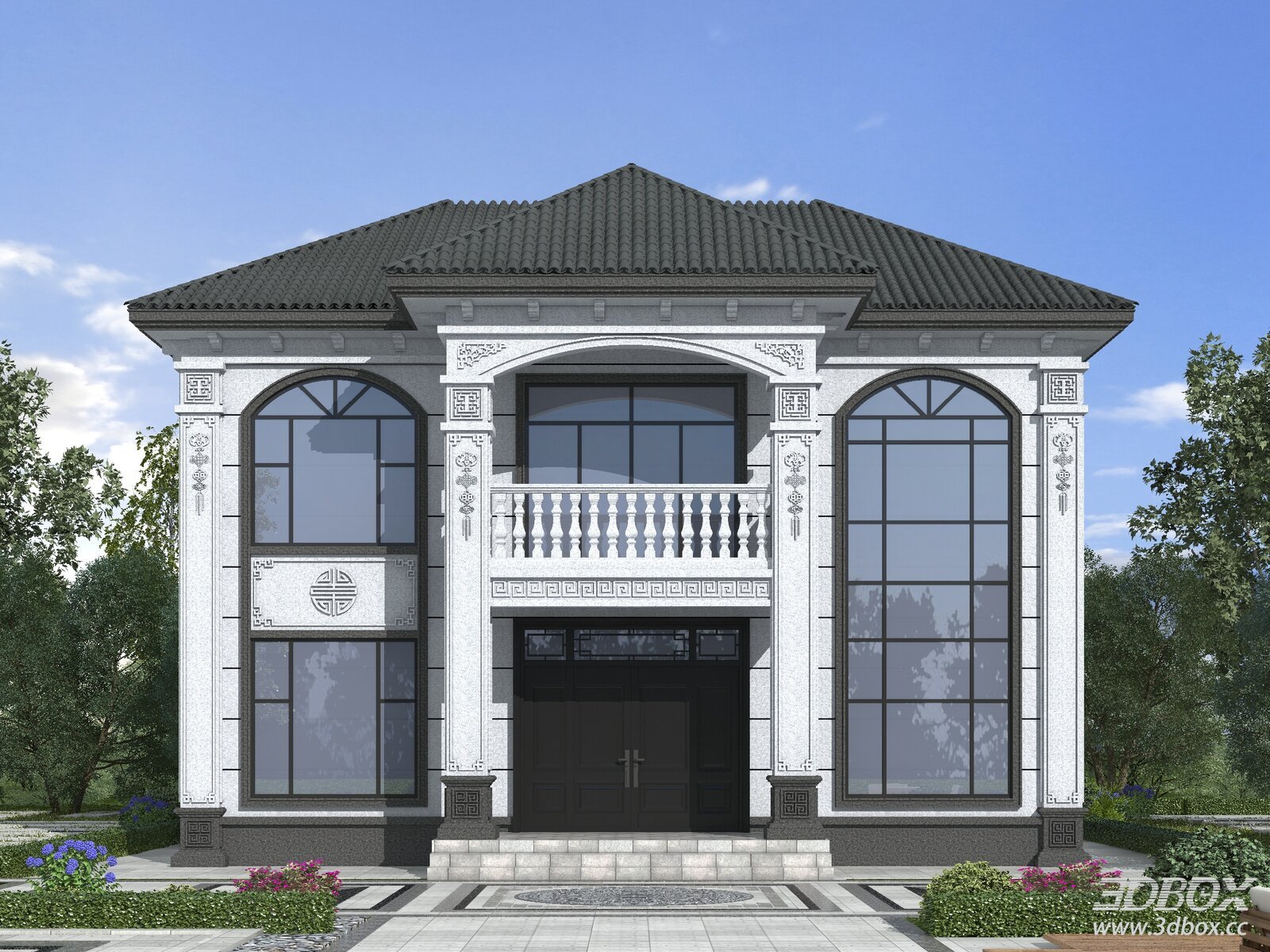 Two-story Chinese Style Villa Exterior Building 3D model - front view