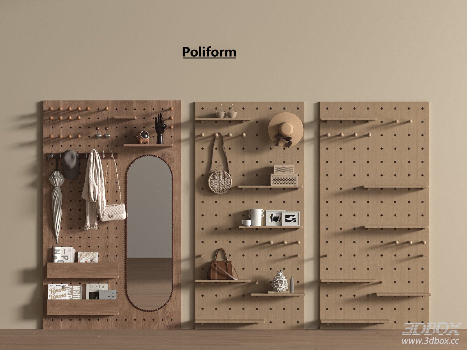 Modern Wooden Pegboard Wall Decor Set with Mirror and Shelves 3D model - front view