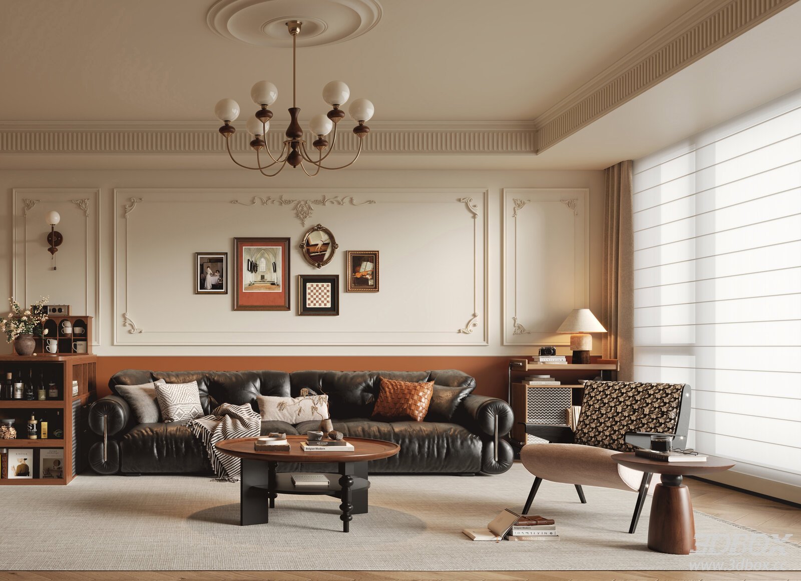 French Vintage Mid Century Living Room Interior Scene 3D model - front view