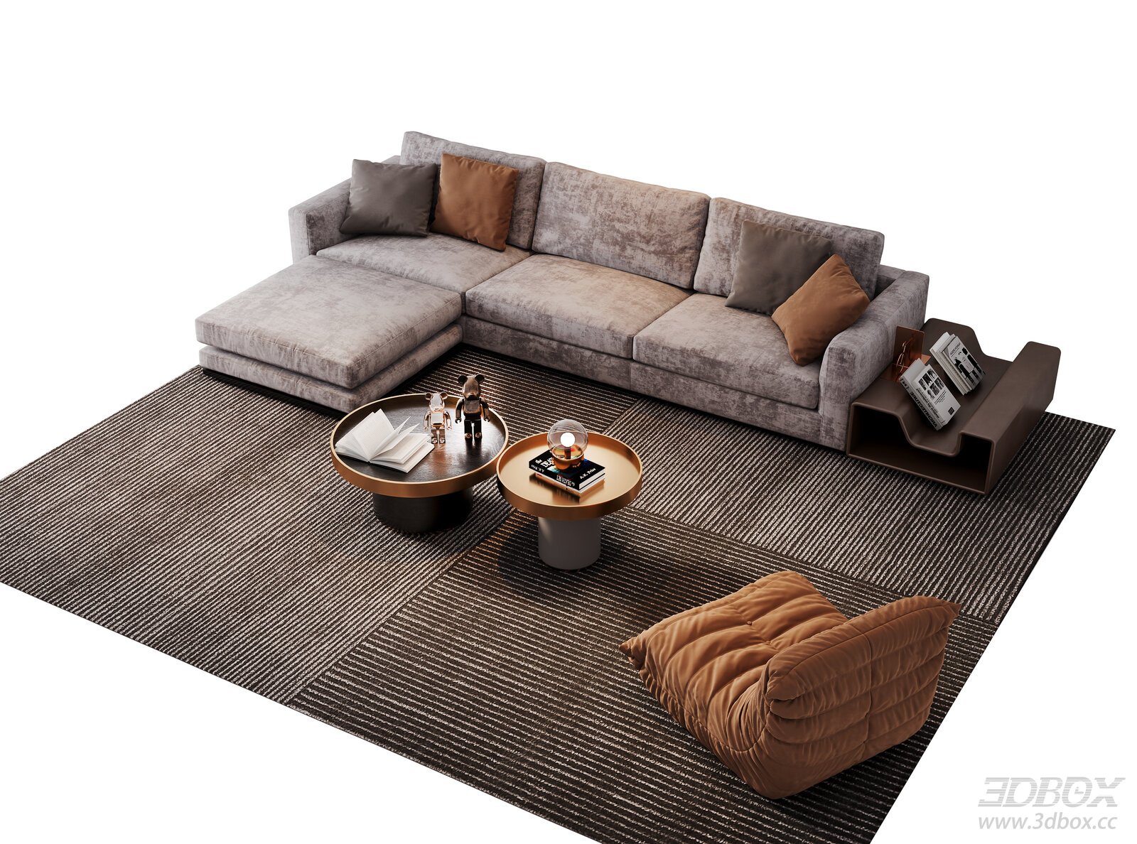 Modern L-shaped Velvet Sofa Set with Coffee Tables and Armchair 3D model - front view