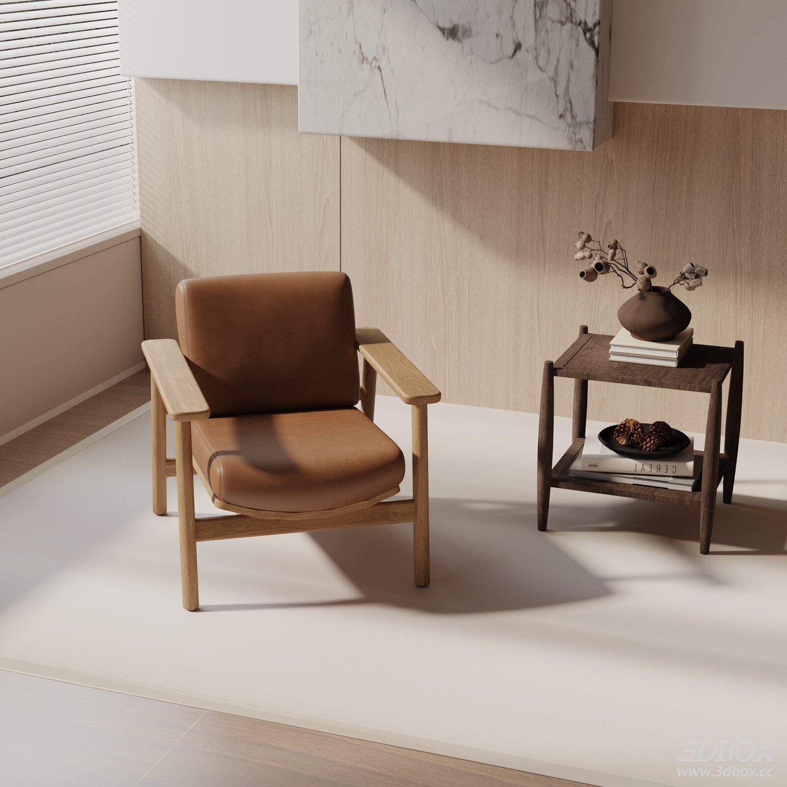Modern Leather Upholstered Wooden Armchair 3D model - front view