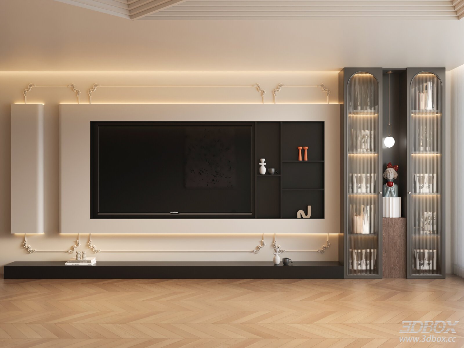 French Style Luxury TV Wall Unit with Display Cabinets 3D model - front view
