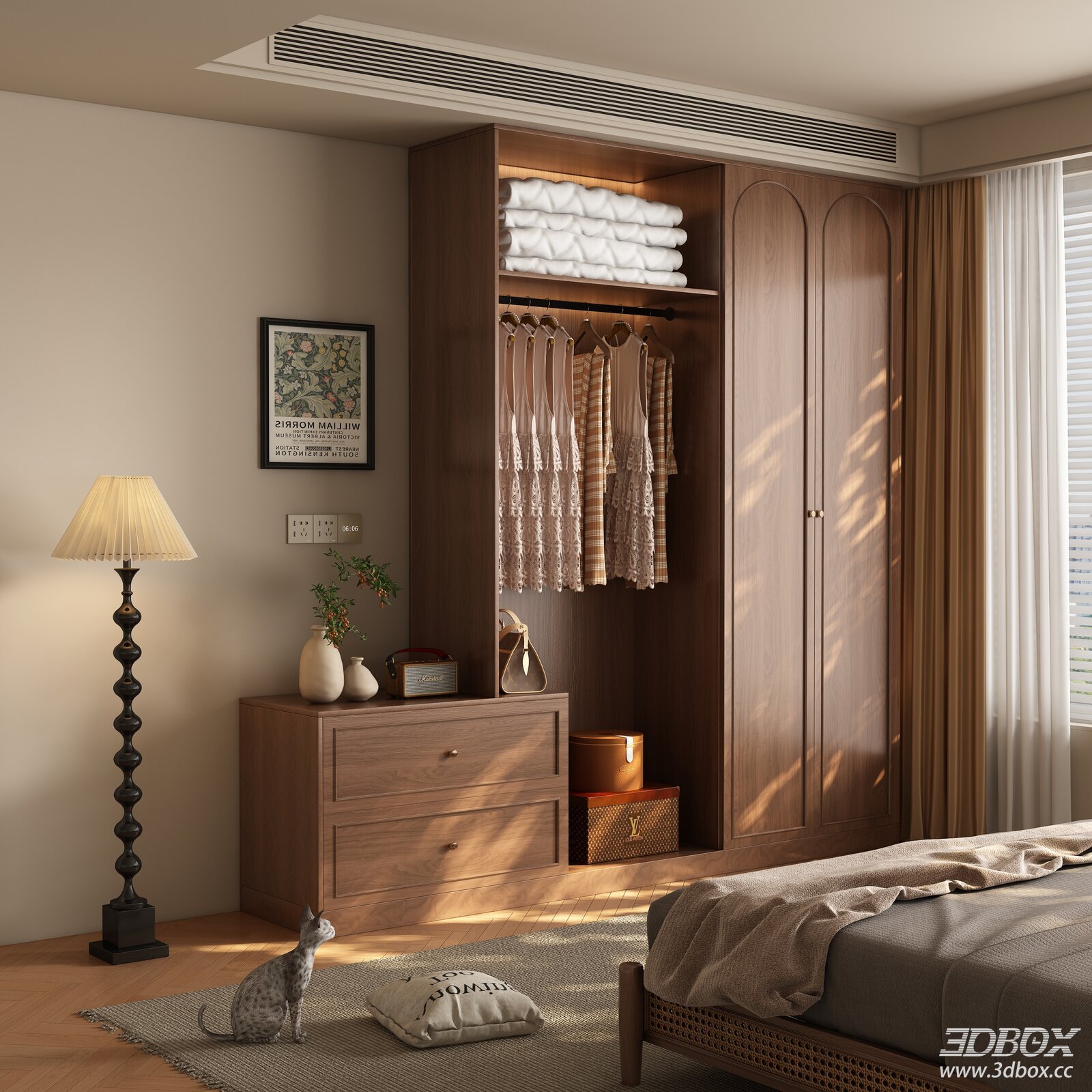 Mid Century Style Wooden Wardrobe with Side Chest of Drawers 3D model - front view