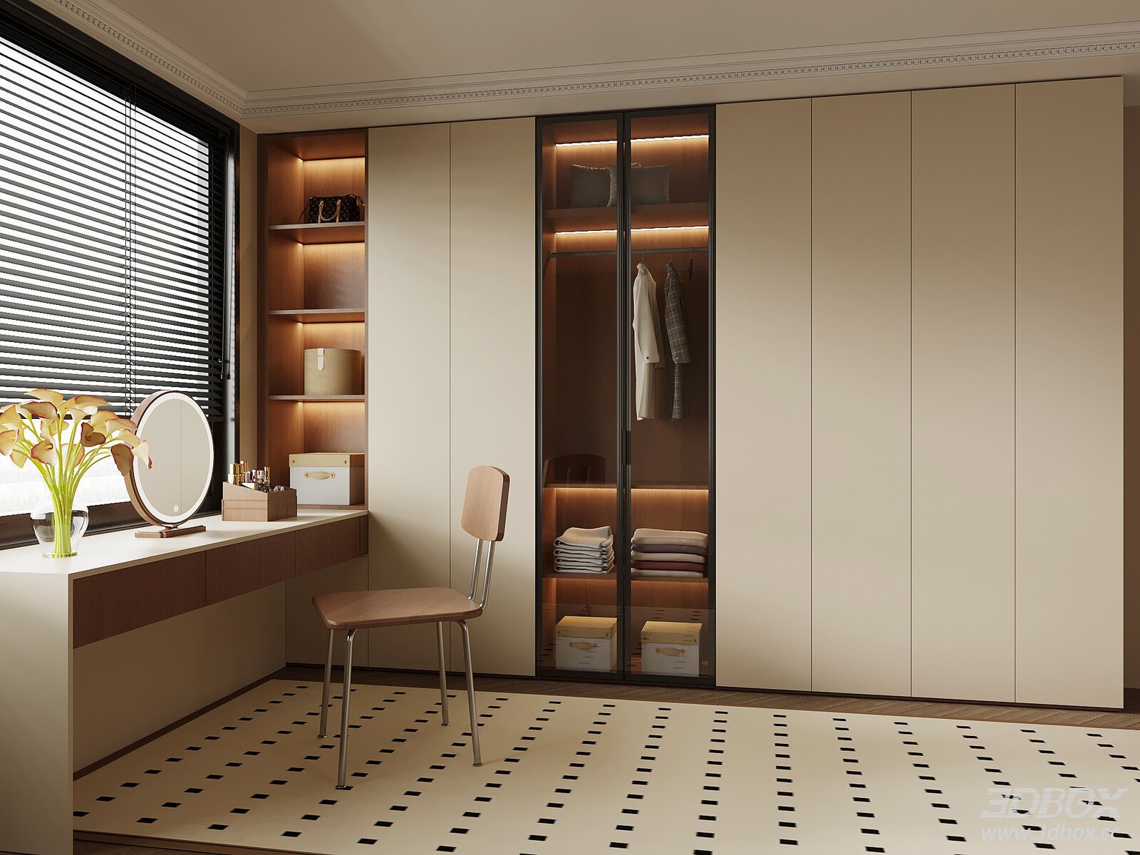 Mid-century Modern Wardrobe With Integrated Dressing Table 3D model - front view