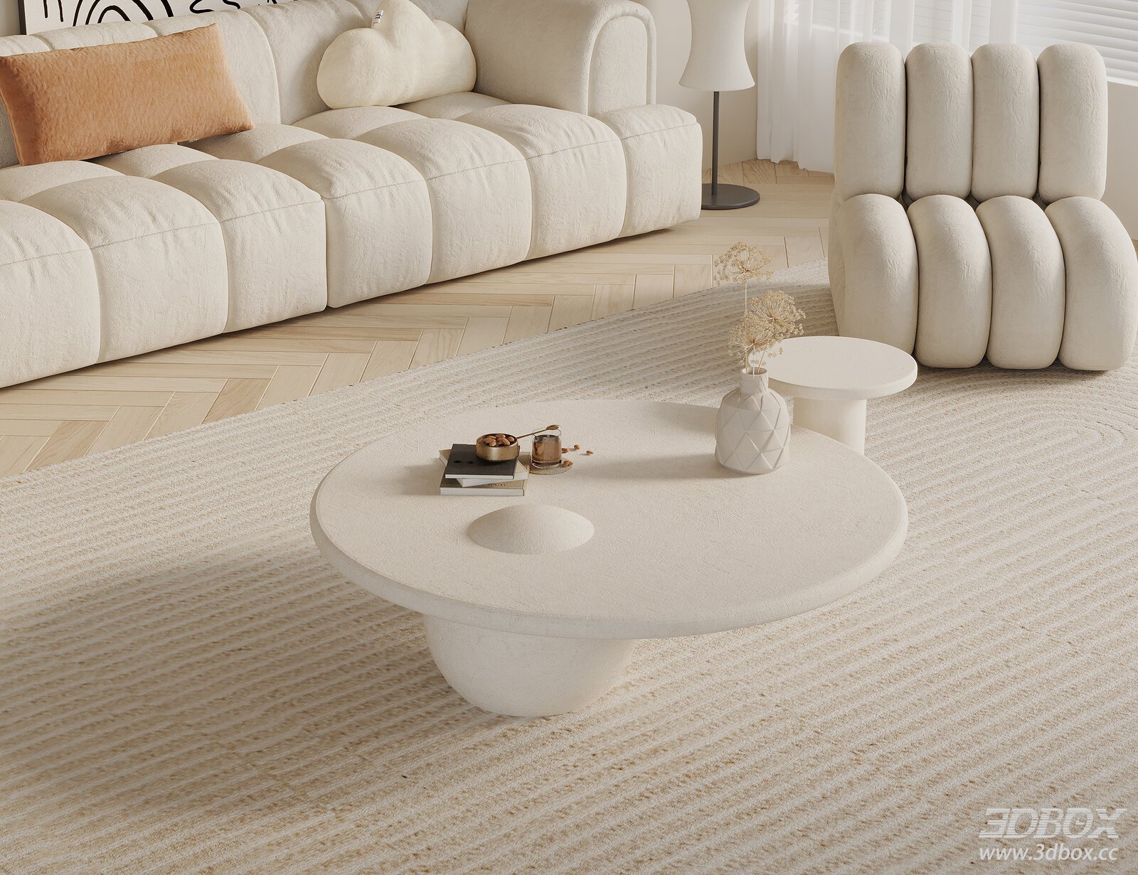 Modern Cream Style Textured Round Coffee Table Set 3D model - front view