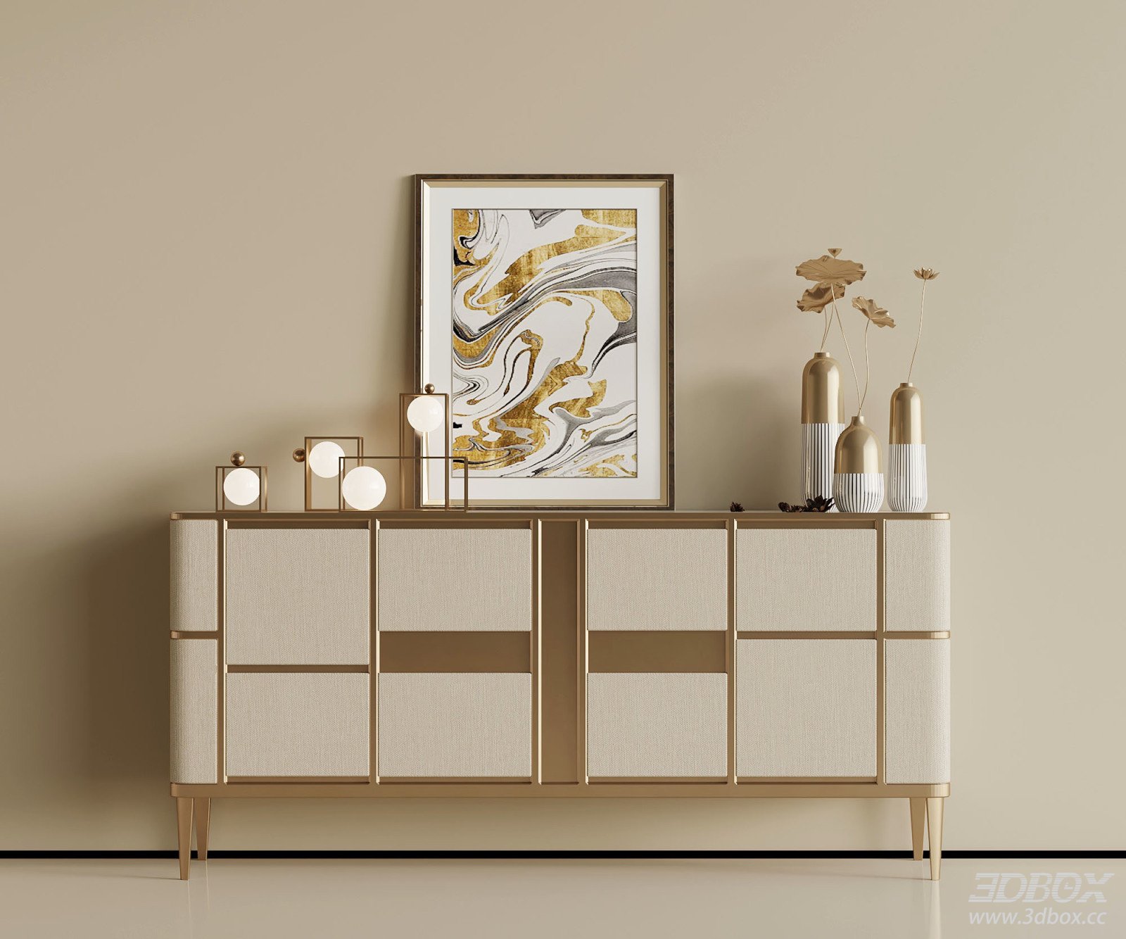 Modern Luxury Fabric Upholstered Sideboard with Gold Frame 3D model - front view