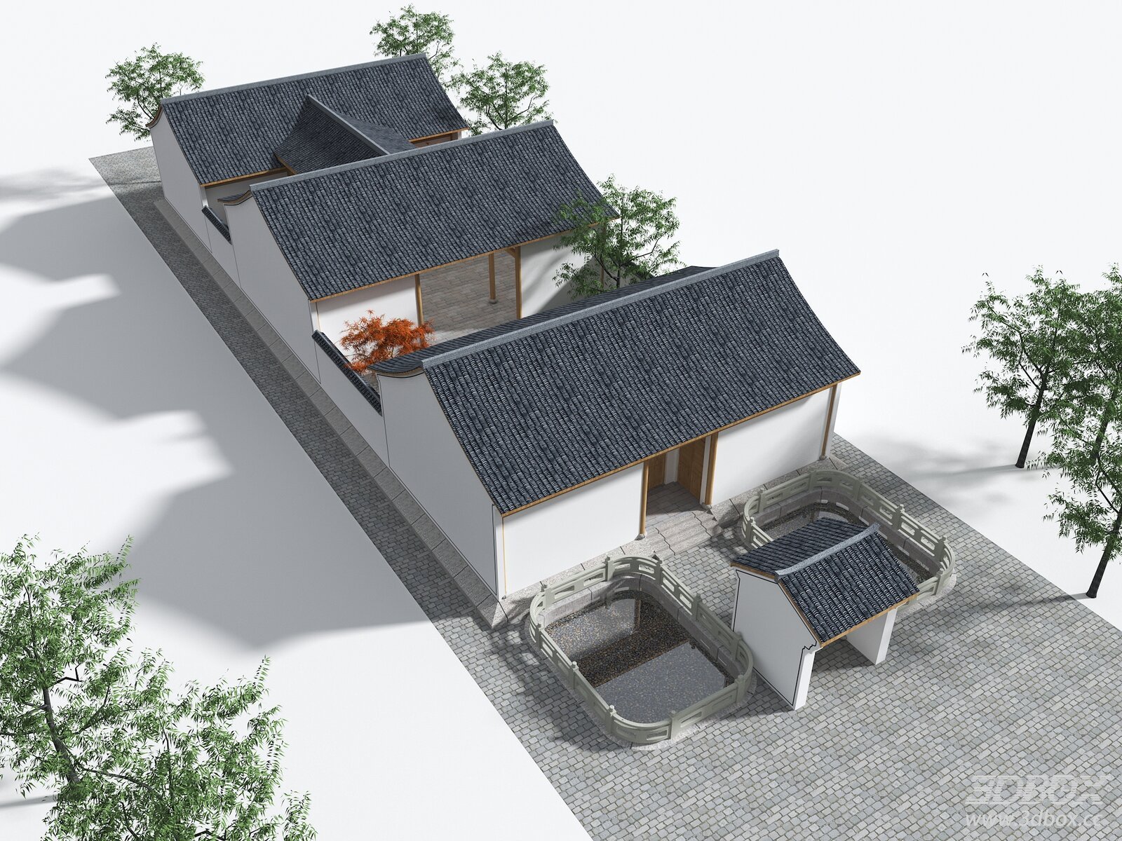 Traditional Chinese Ancestral Hall Courtyard Building Exterior 3D model - front view