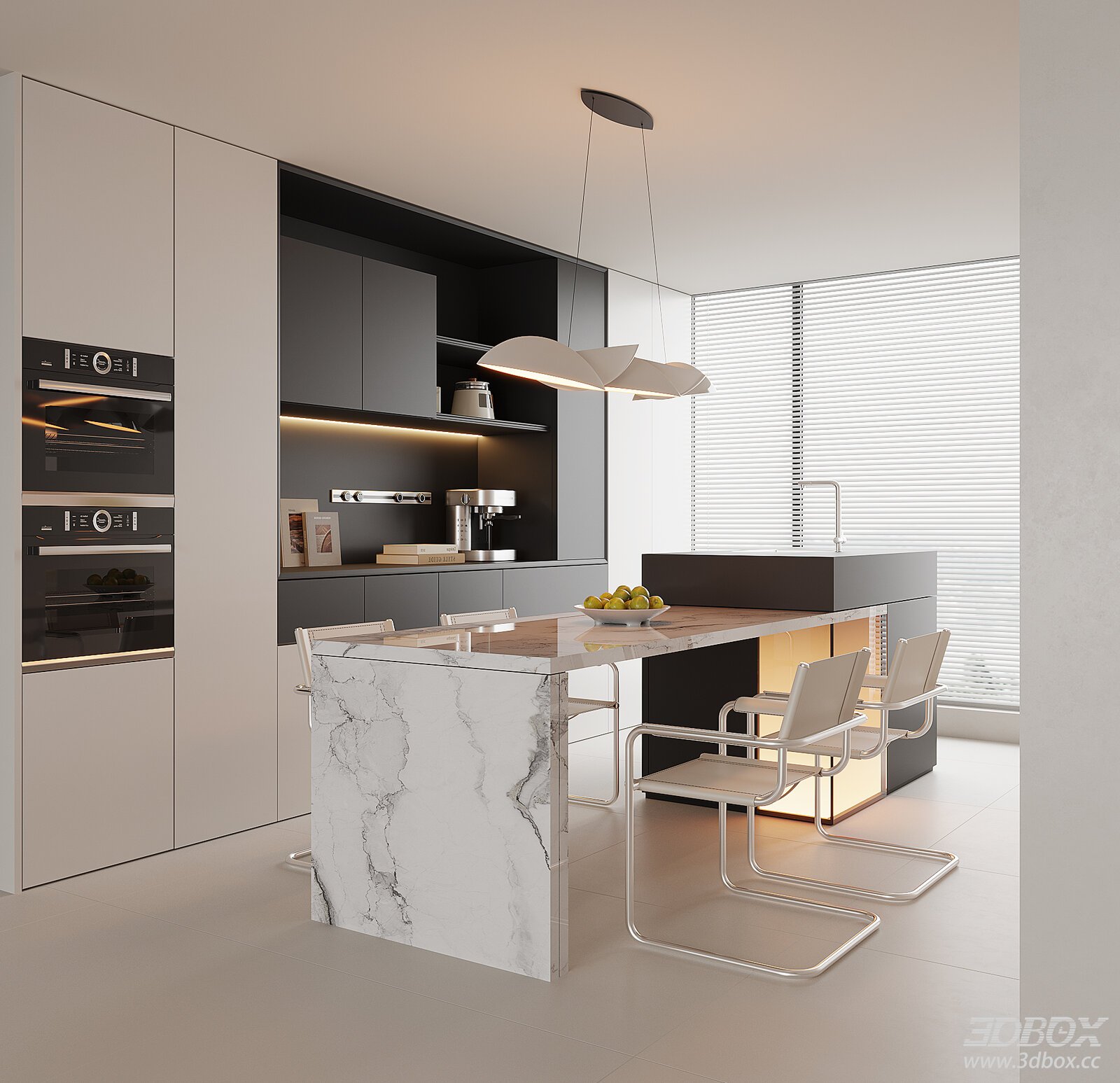 Modern Minimalist Kitchen and Dining Room Interior 3D model - front view