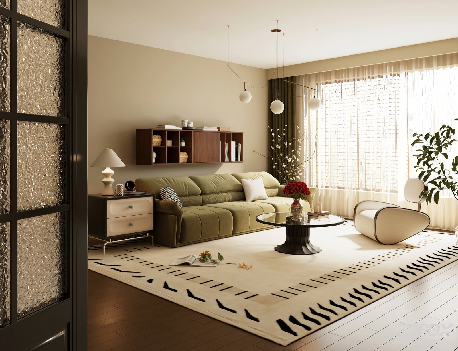 Vintage Mid-Century Pastoral Style Living Room Interior 3D model - front view
