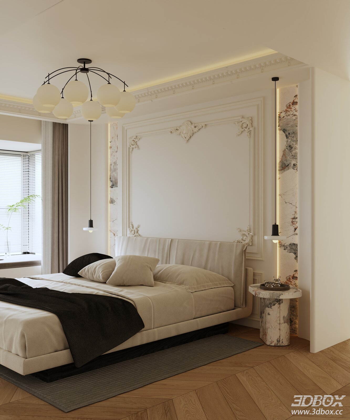 Cream Modern French Style Bedroom Interior Scene 3D model - front view