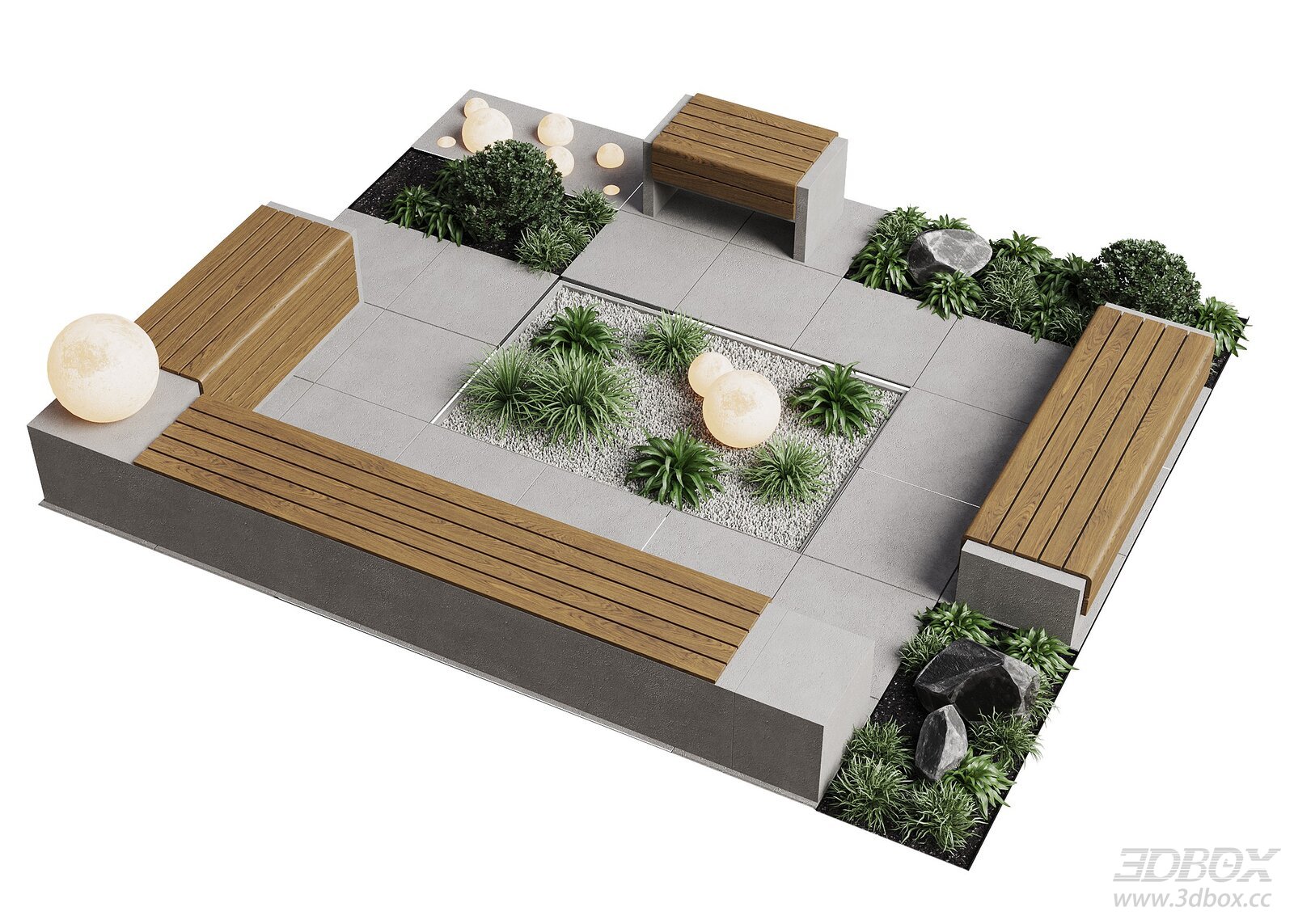 Modern Courtyard Landscape with Benches and Greenery 3D model - front view