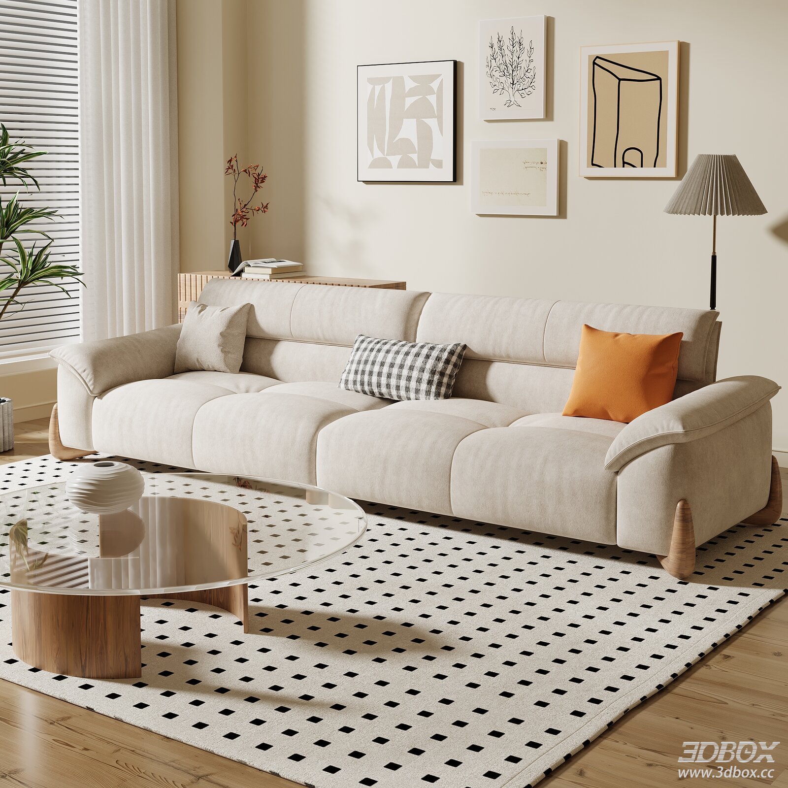 Modern Minimalist Fabric Sofa Living Room Scene 3D model - front view