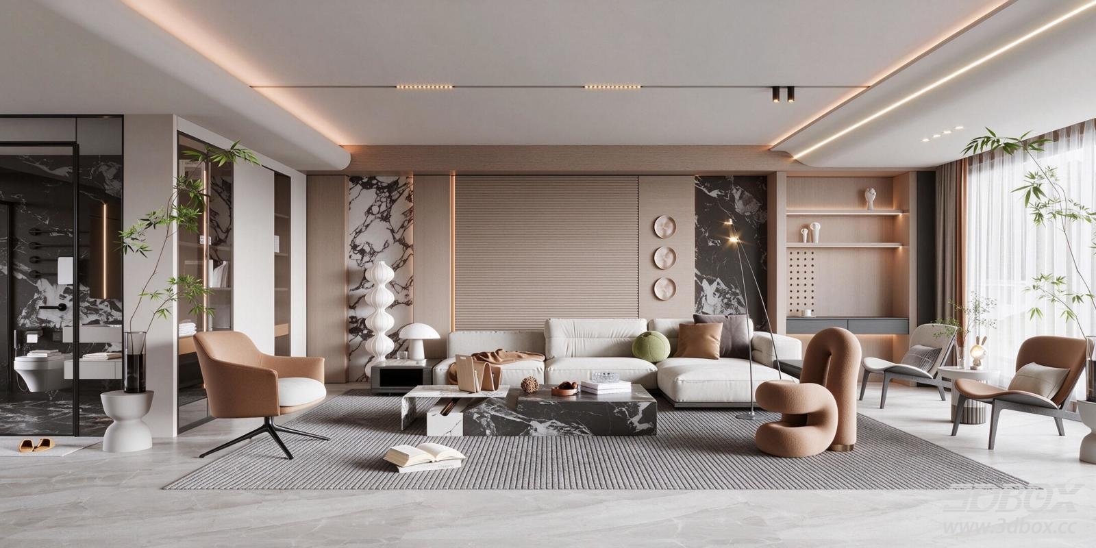 Modern Luxury Living Room Sofa Armchair Coffee Table Interior Scene 3D model - front view
