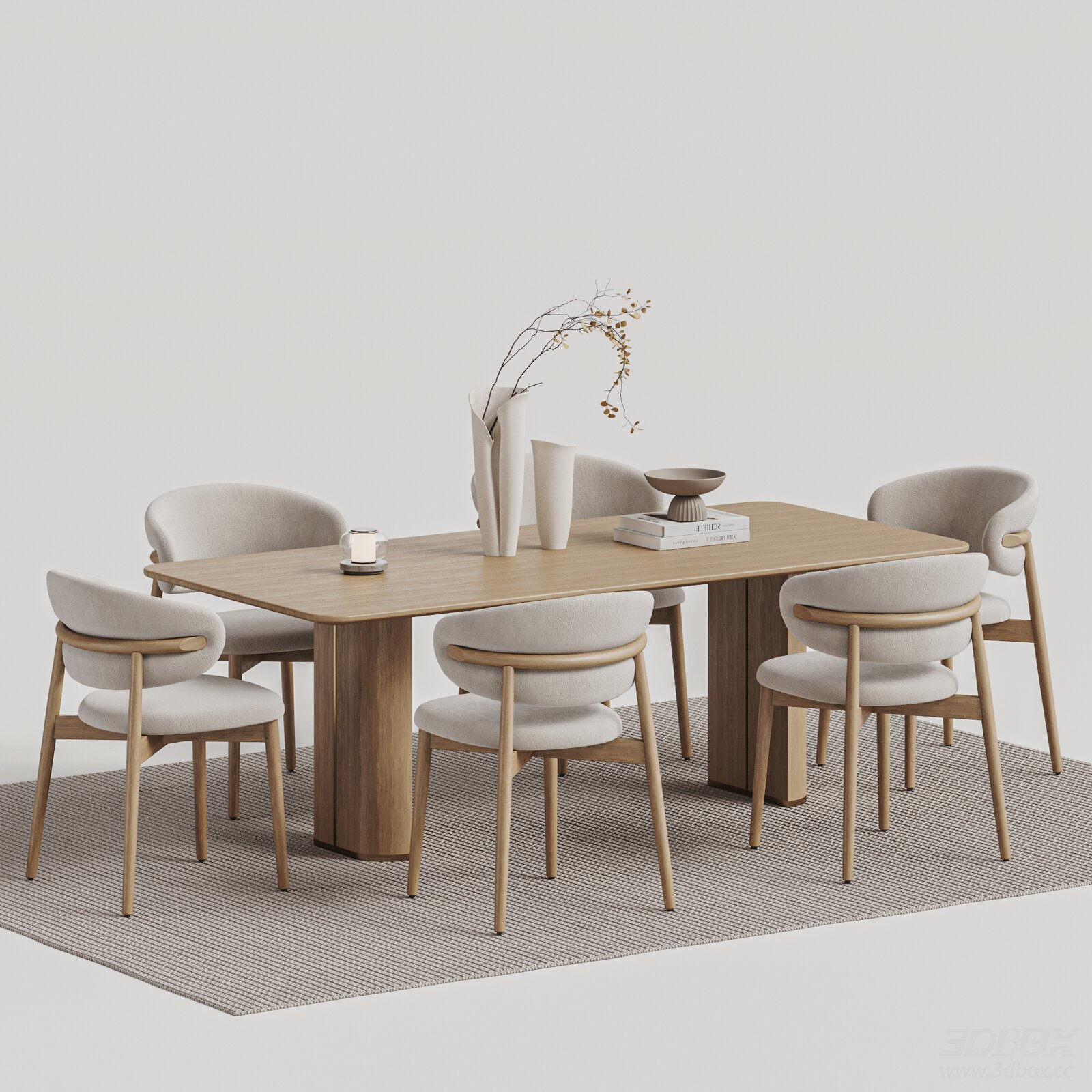 Natural Wood Style Dining Table and Fabric Chairs Set 3D model - front view