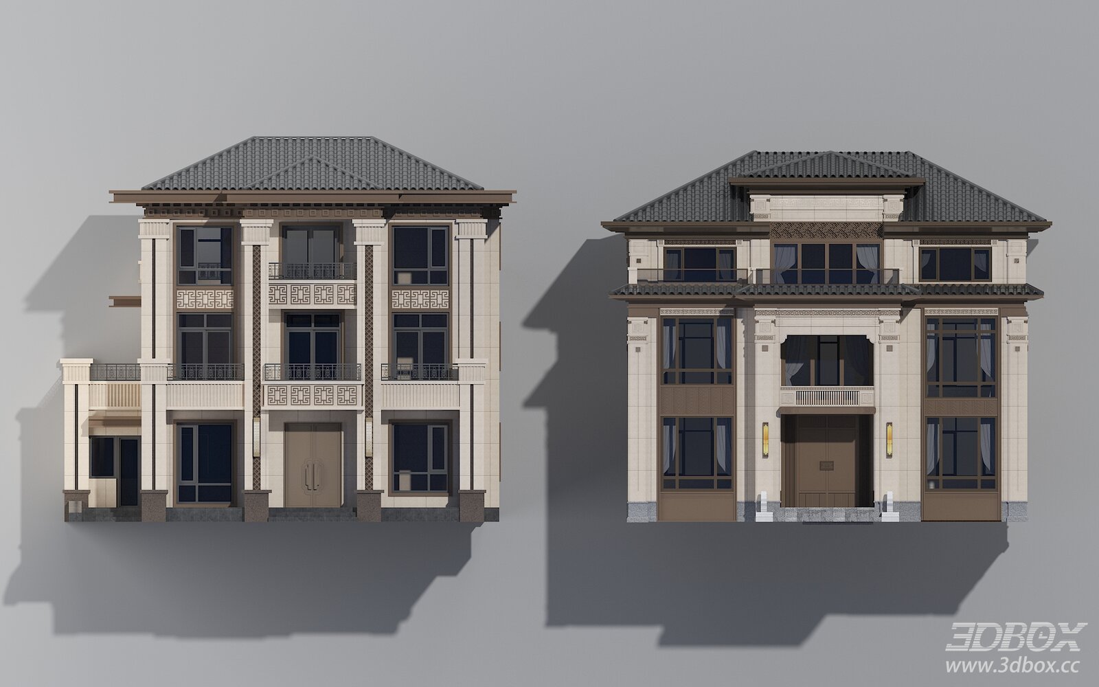 Modern Chinese Style Three-story Villa Exterior Building 3D model - front view